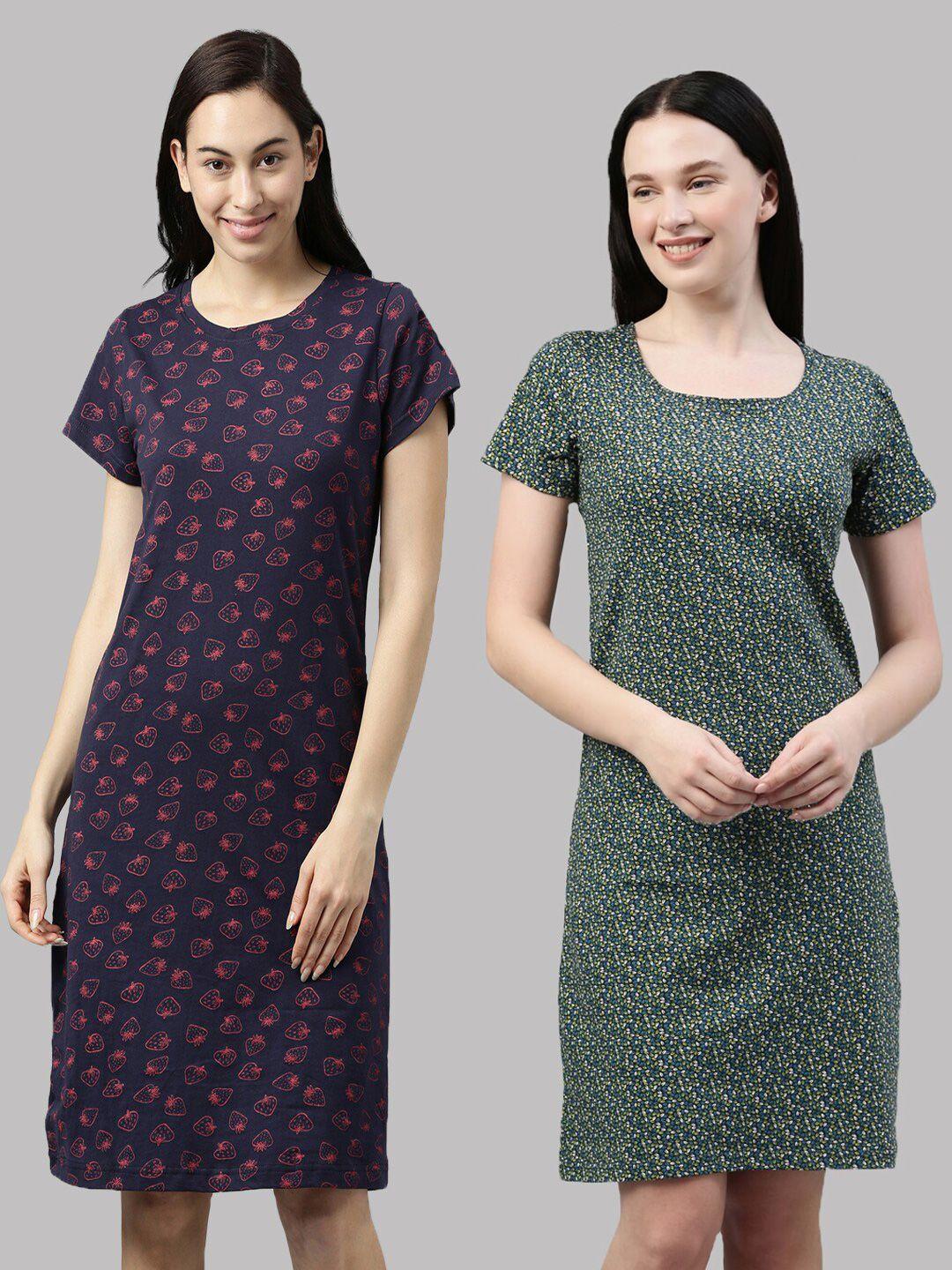 kryptic-woman-pack-of-2-navy-blue-&-green-printed-cotton-night-dress