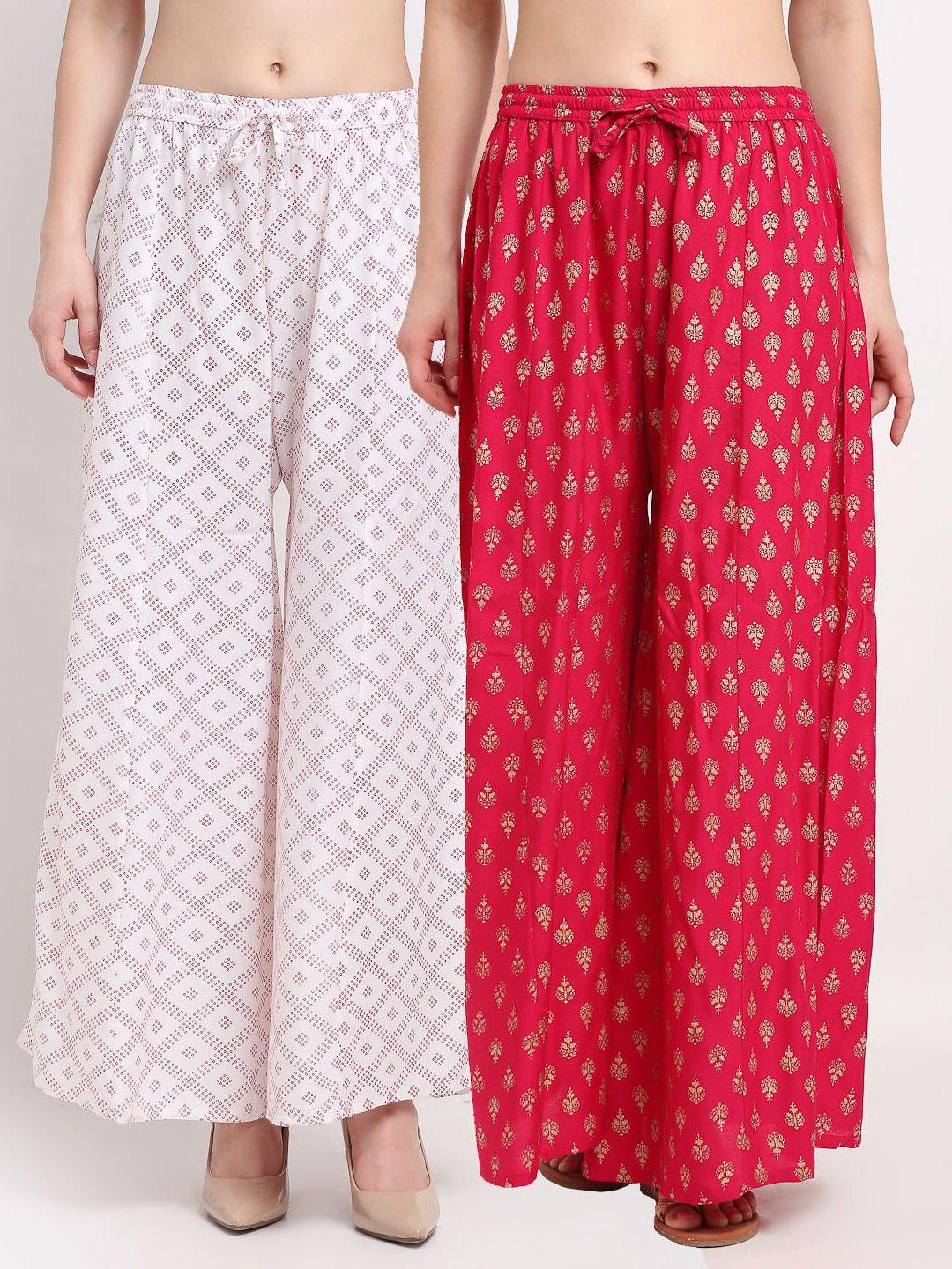 gracit-women-pack-of-2-white-&-pink-printed-flared-knitted-ethnic-palazzos