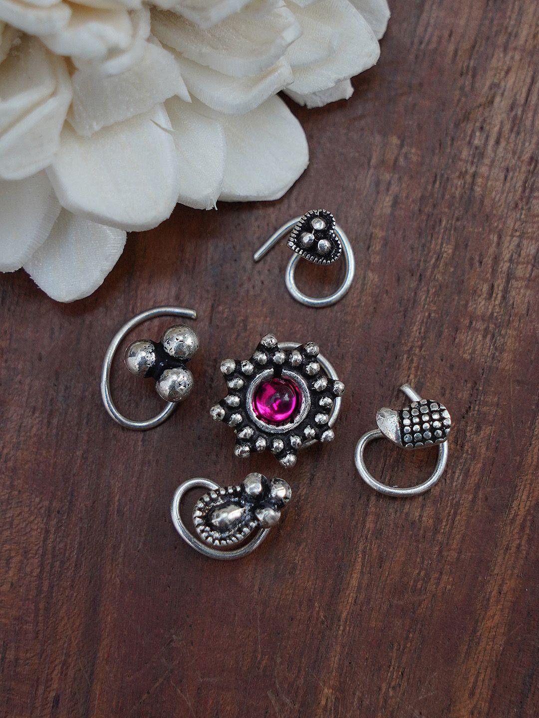 FIROZA Set Of 5 Oxidised Silver-Toned & Pink Stone-Studded Nose Pins