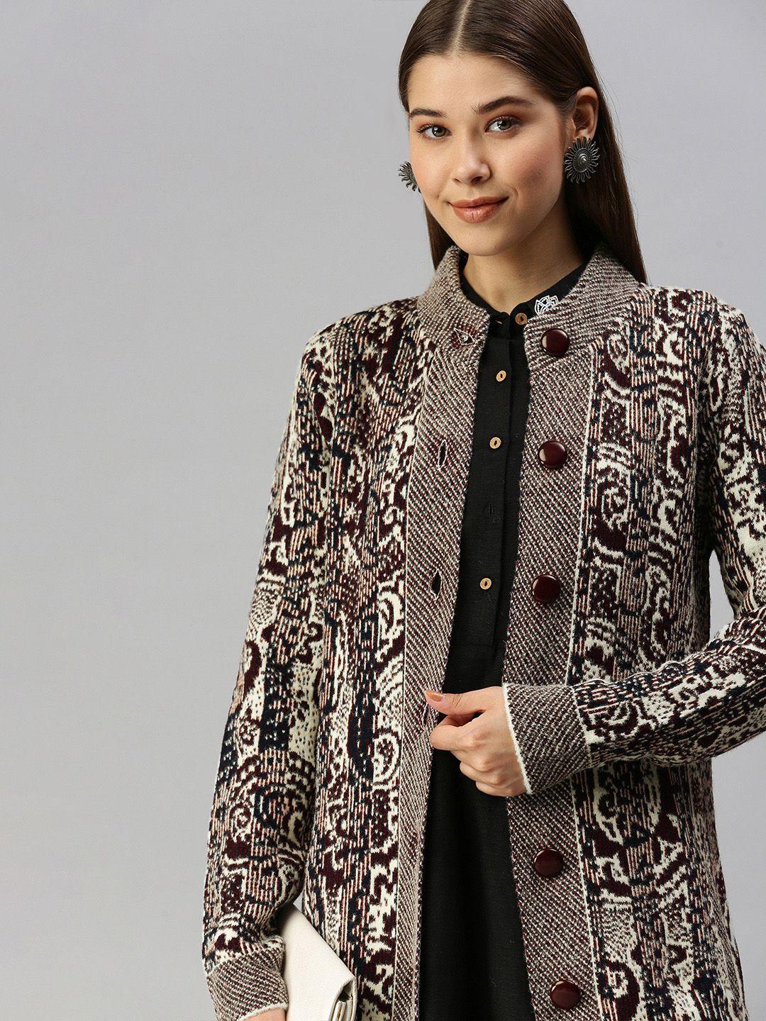 Global Desi Women Grey & Black Printed Longline Tailored Jacket