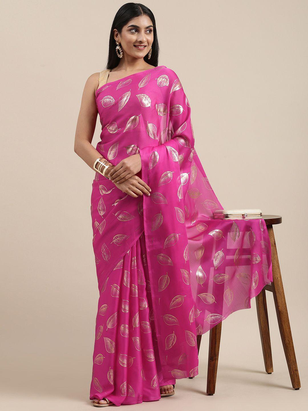 Mitera Pink & Gold-Toned Floral Satin Saree