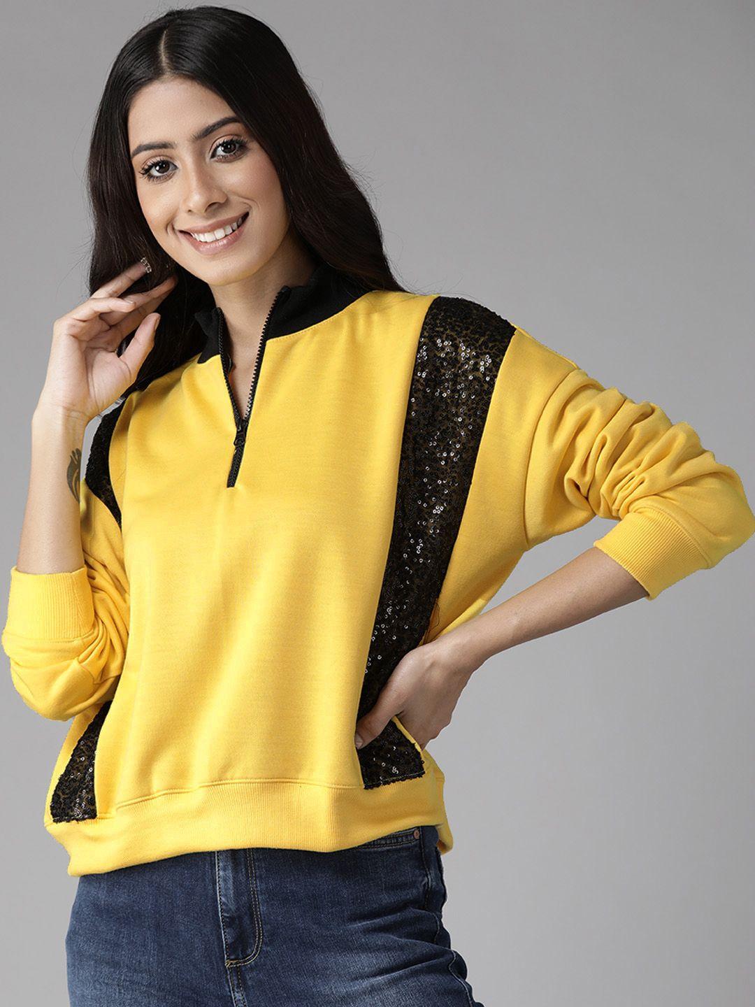 kassually-women-yellow-&-black-solid-sequined-sweatshirt