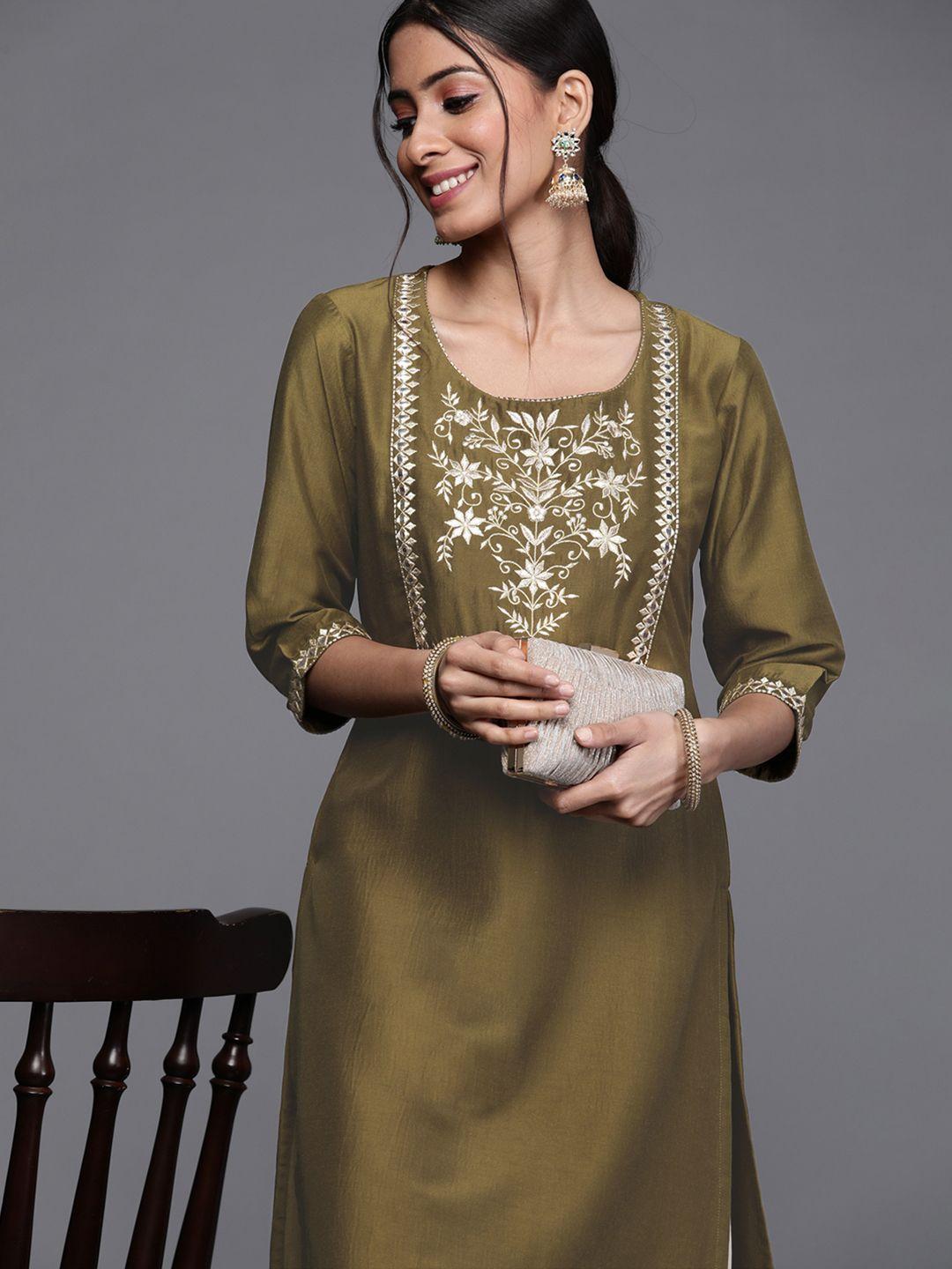 Libas Women Green & Gold-Toned Floral Embroidered Gotta Patti Chanderi Silk Kurta