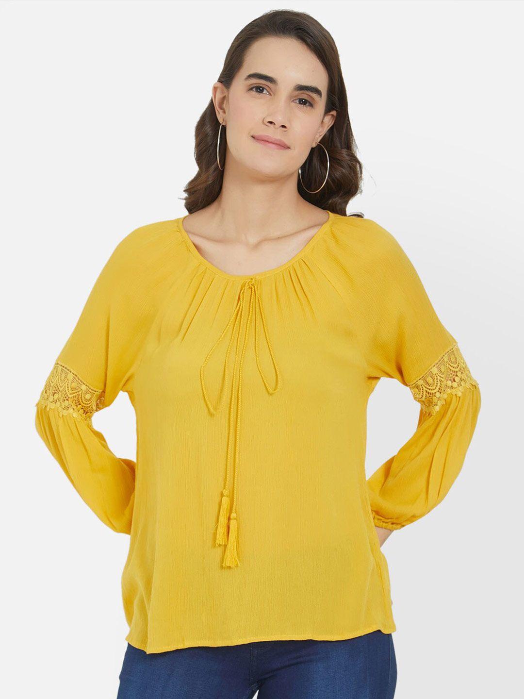 fusion-beats-yellow-solid-tie-up-neck-bishop-sleeves-top-with-lace-inserts