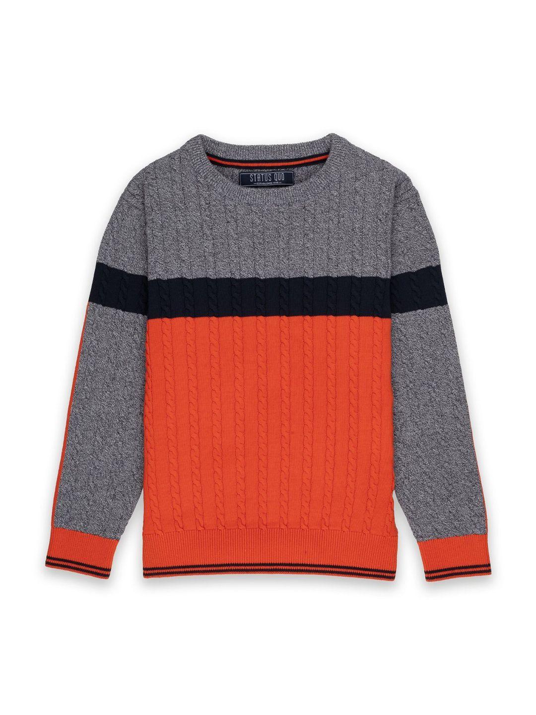 status-quo-boys-orange-&-grey-cable-knit-colourblocked-pullover