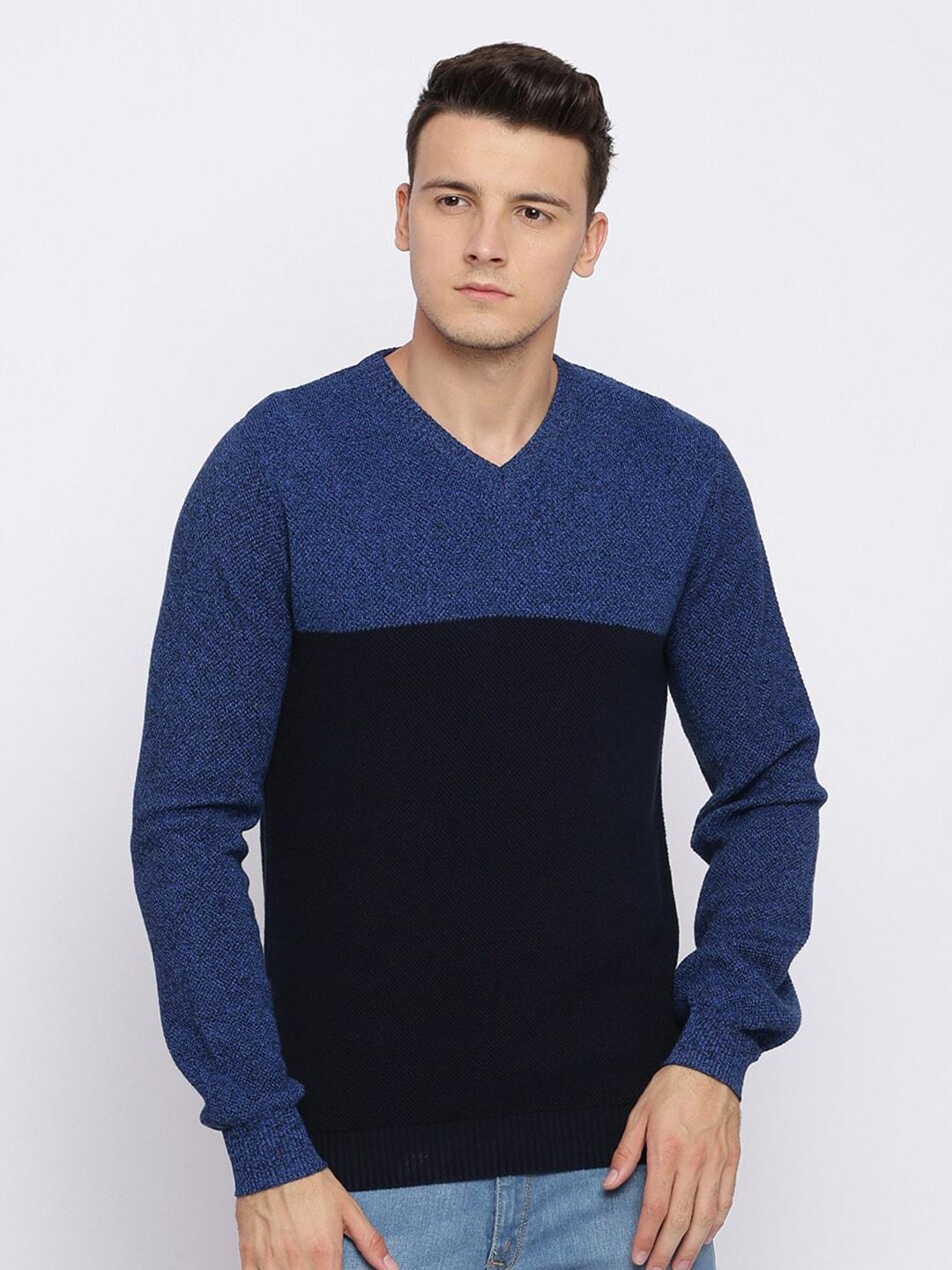basics-men-navy-blue-&-blue-colourblocked-muscle-fit-v-neck-cotton-pullover-sweater