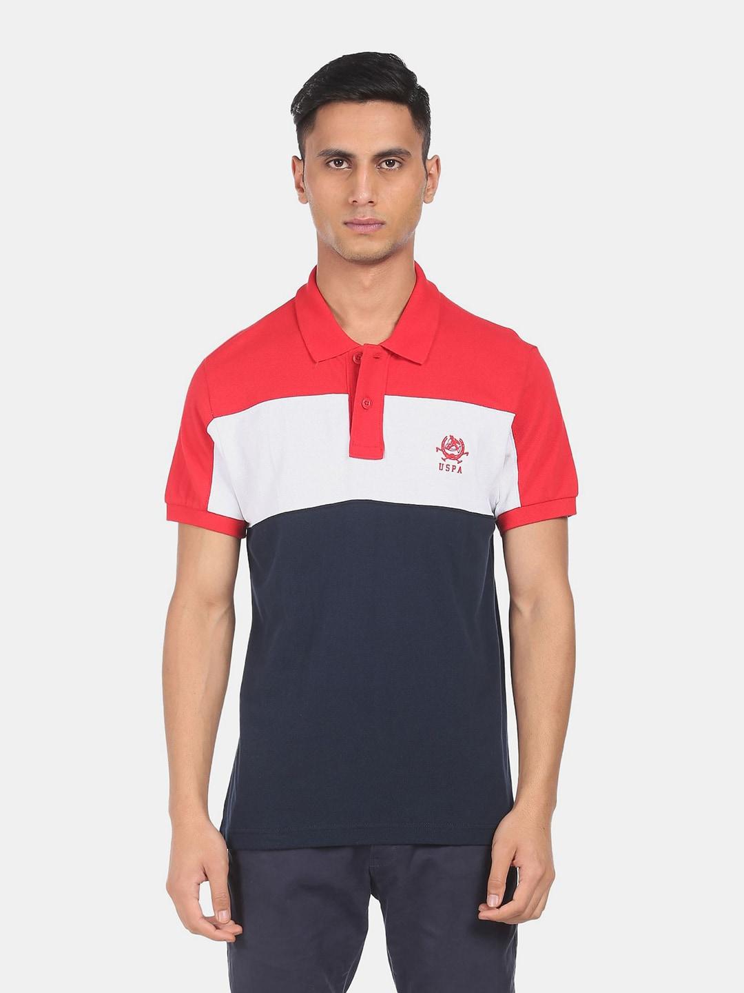 u-s-polo-assn-men-red-&-navy-blue-colourblocked-polo-collar-pure-cotton-slim-fit-t-shirt