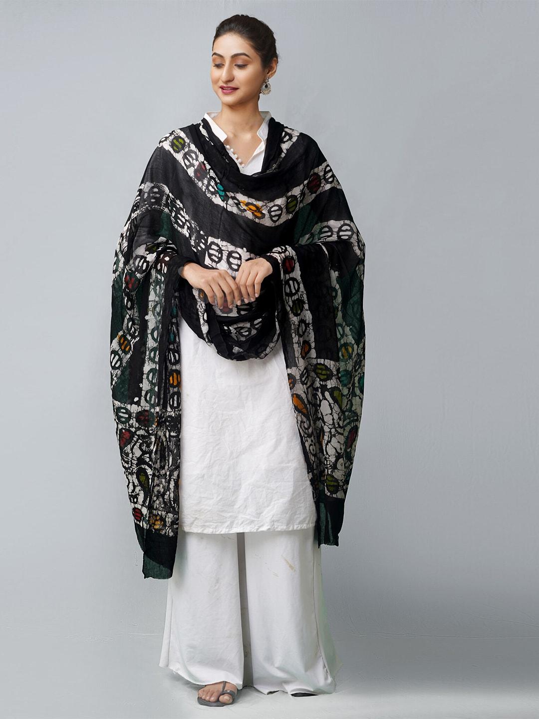 Unnati Silks Black & White Ethnic Motifs Dyed Batik Dupatta