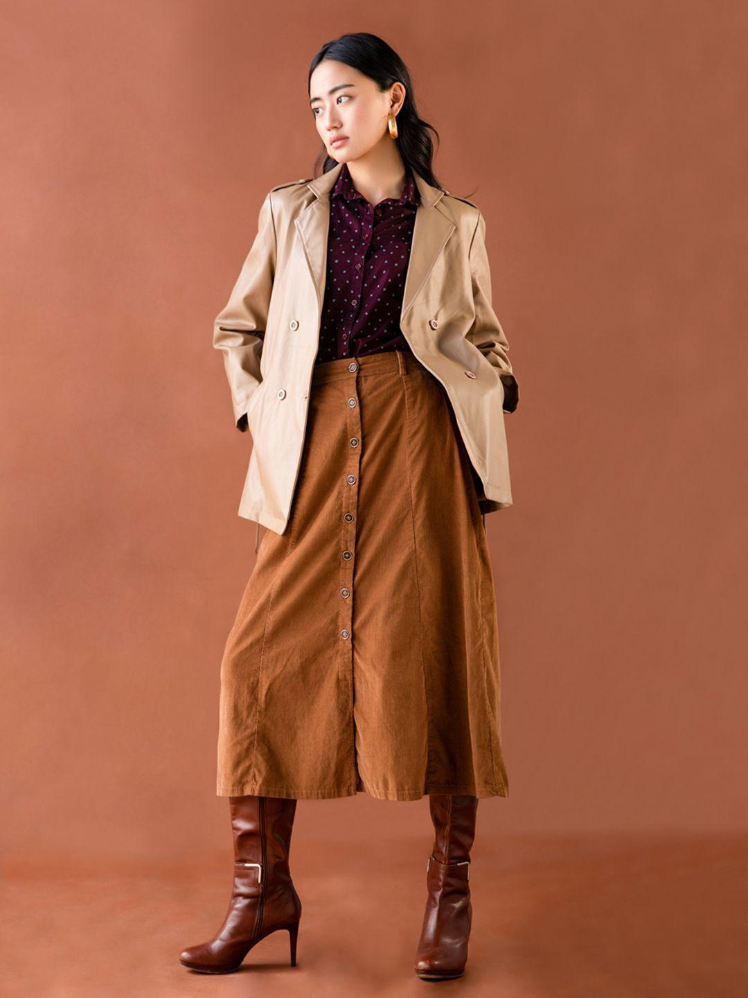 crimsoune-club-women-brown-solid-midi-length-a-line-skirt