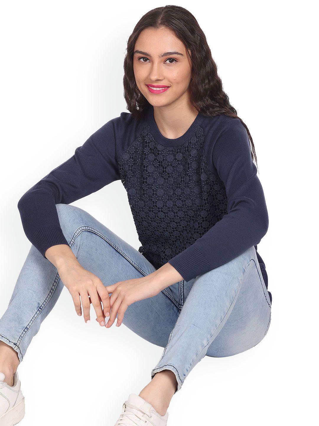 sugr-women-navy-round-neck-lace-sweater