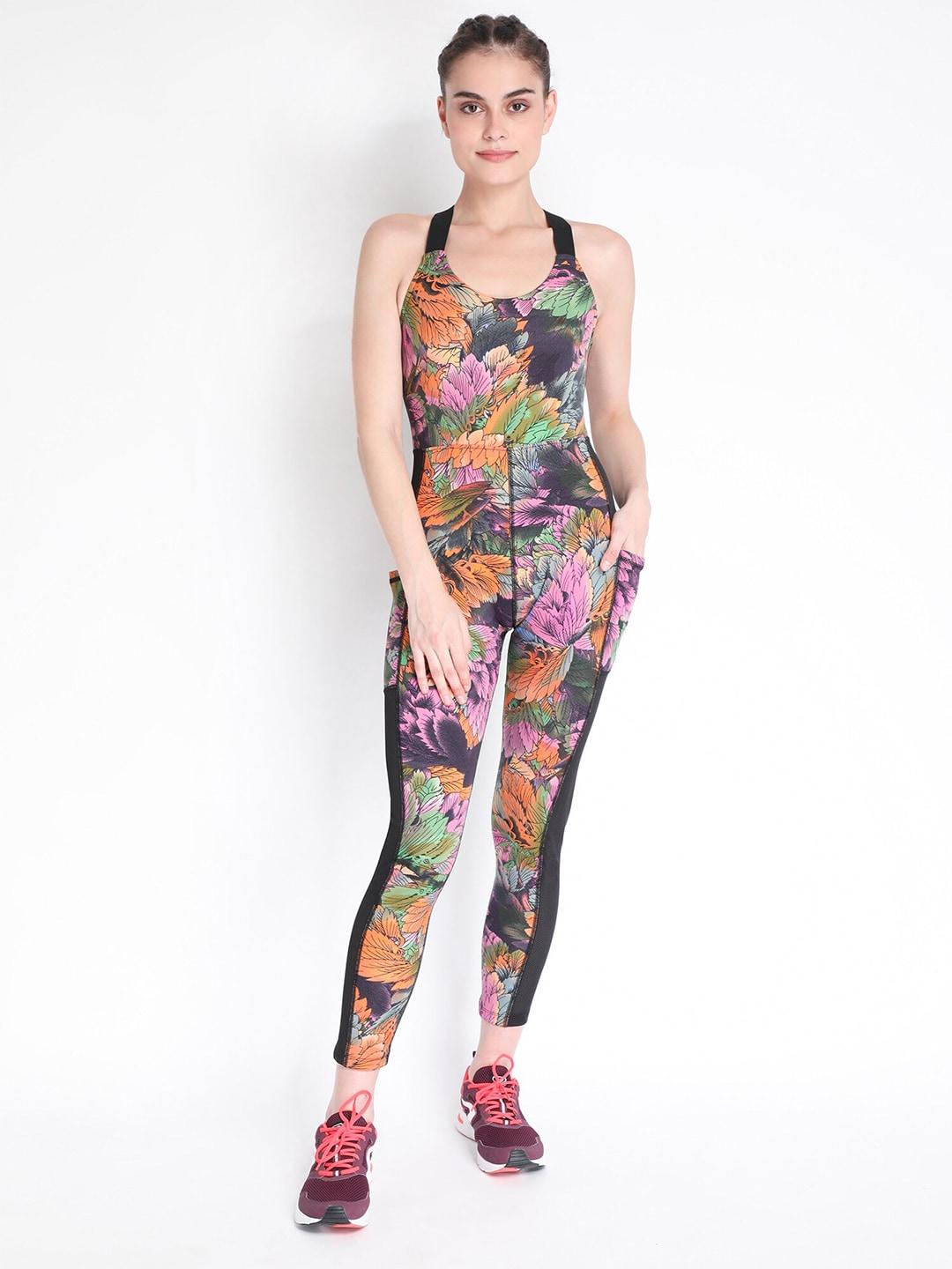 CHKOKKO Women Pink Floral Printed One-Piece Yoga Workout Jumpsuit