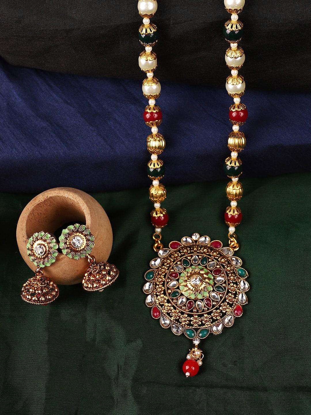 ANIKAS CREATION Gold Toned Meenakari Long Crystal Jewellery Set