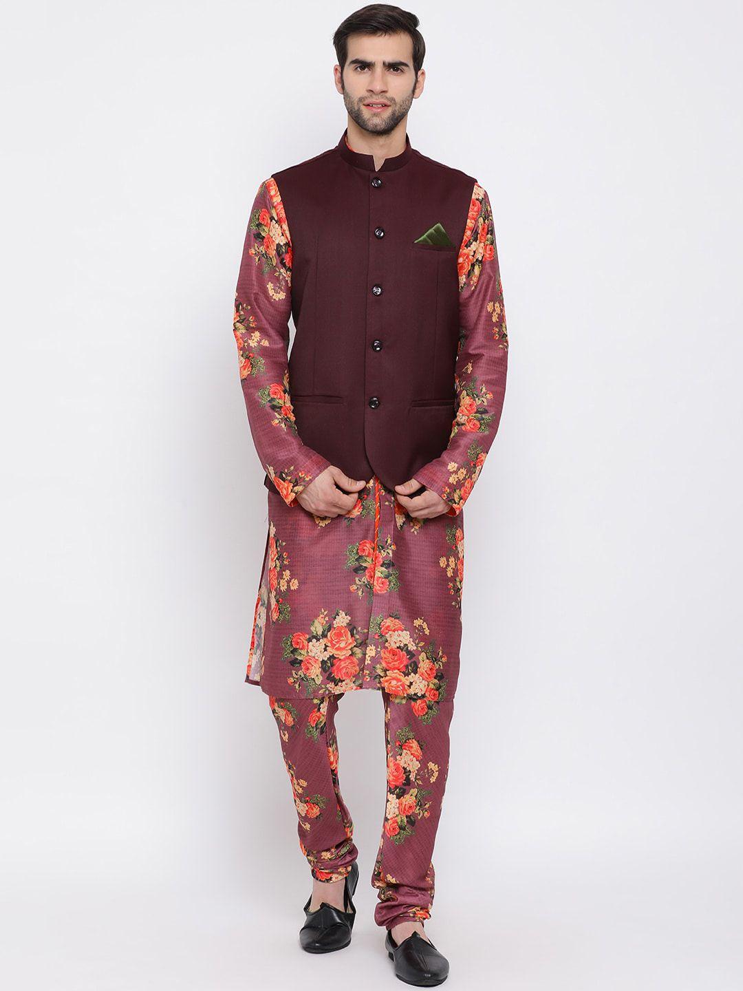 vastramay-men-purple-floral-printed-kurta-with-churidar-&-nehru-jacket