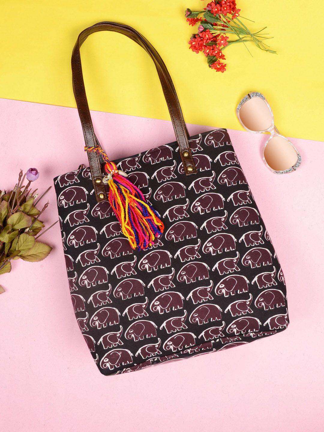 Vivinkaa Black Ethnic Motifs Printed Structured Tote Bag with Tasselled