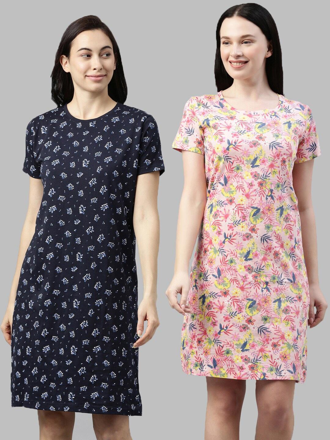 Kryptic Pack Of 2 Navy Blue & Pink Printed Pure Cotton Nightdress