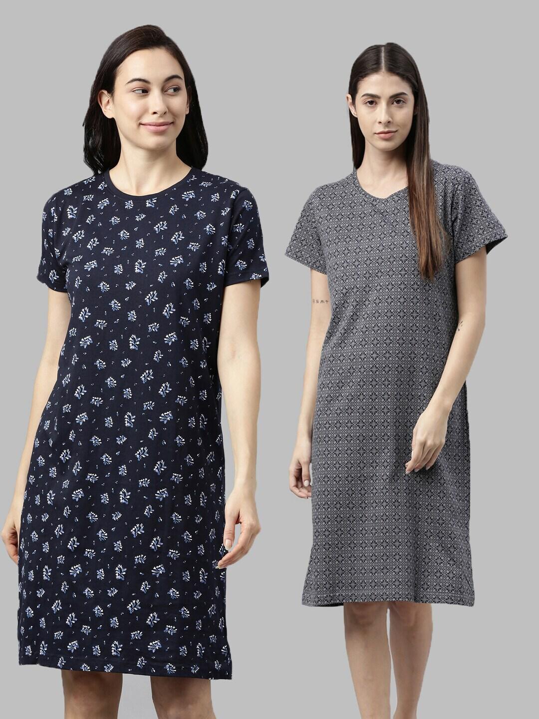 Kryptic Pack Of 2 Navy Blue & Grey Printed Pure Cotton Nightdress