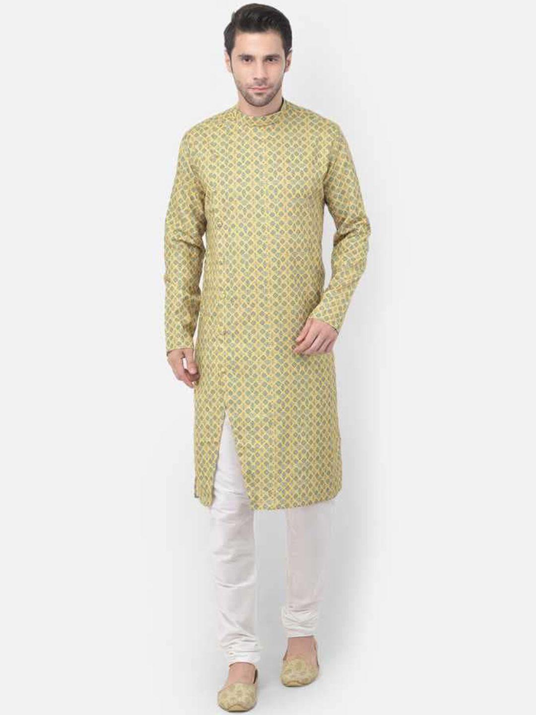 tabard-men-yellow-&-blue-printed-pure-cotton-kurta-with-churidar