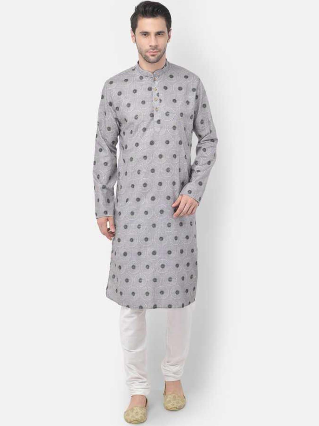 TABARD Men Grey Printed Pure Cotton Kurta With Churidar