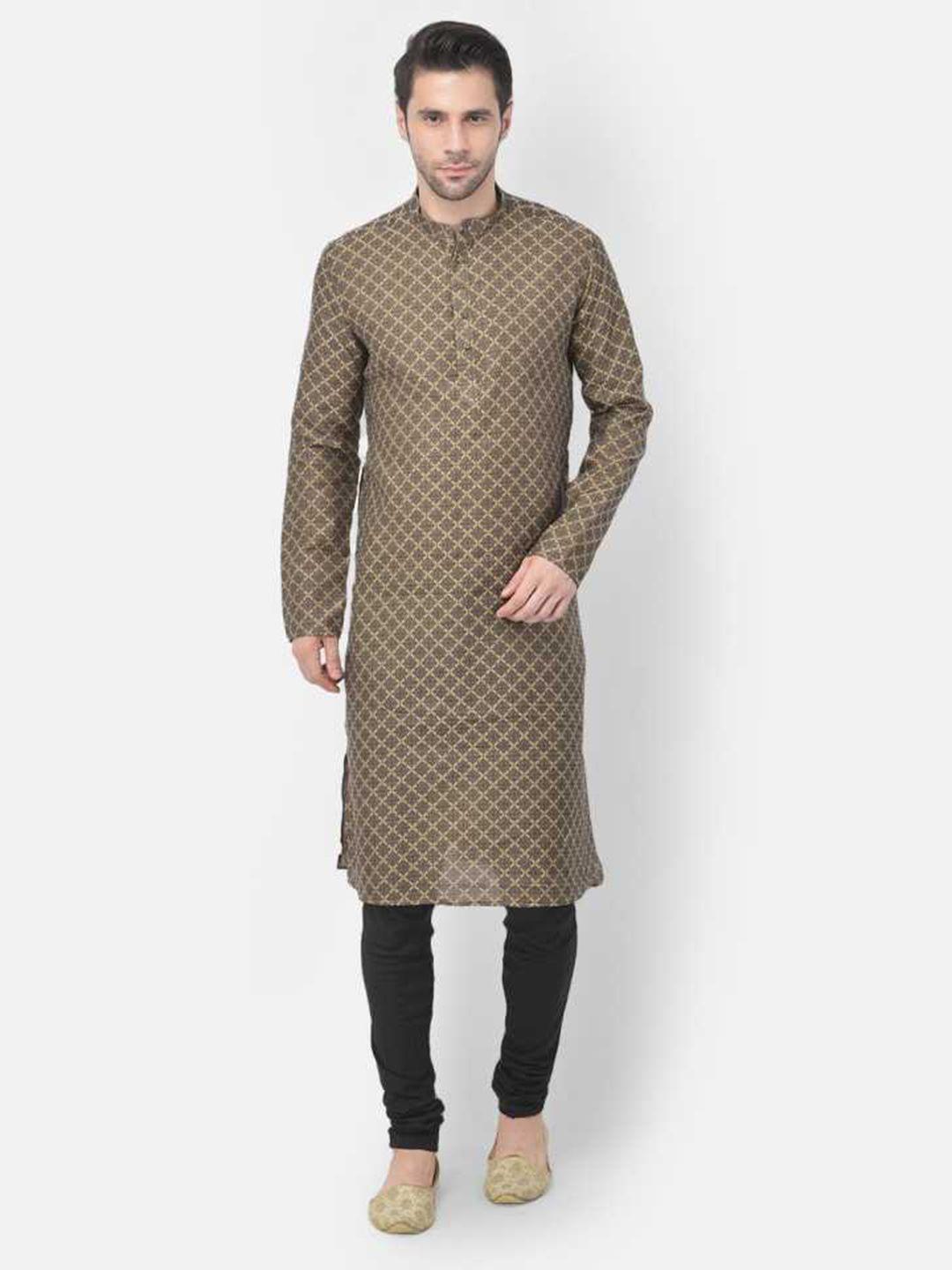 tabard-men-beige-&-black-printed-pure-cotton-kurta-with-pyjamas
