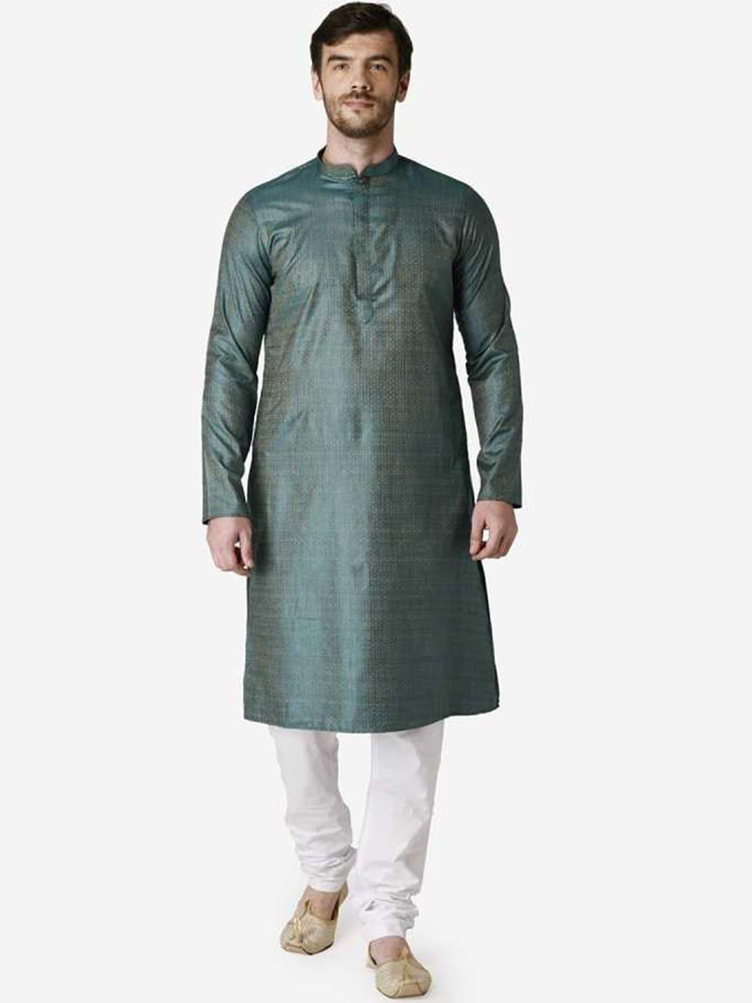 tabard-men-green-jacquard-printed-kurta-with-churidar