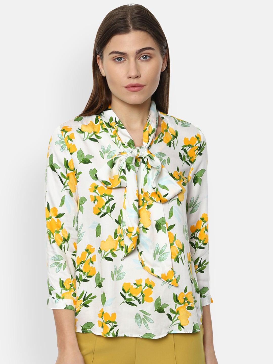 Van Heusen Woman White & Yellow Floral Print Tie-Up Neck Top