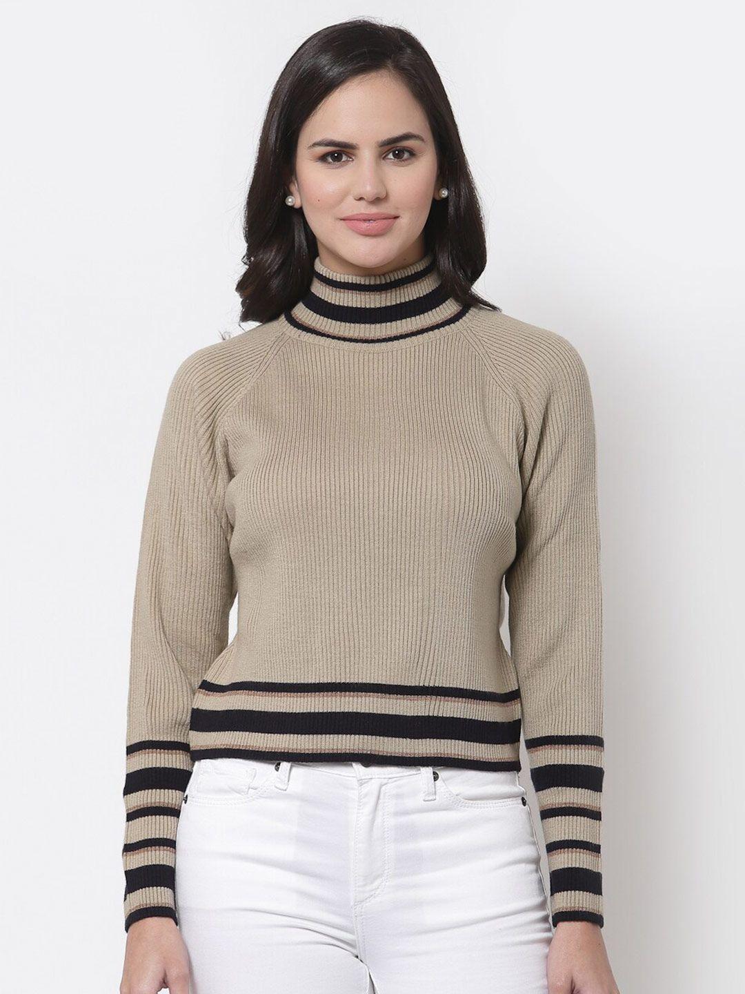 style-quotient-women-beige-&-black-ribbed-acrylic-pullover