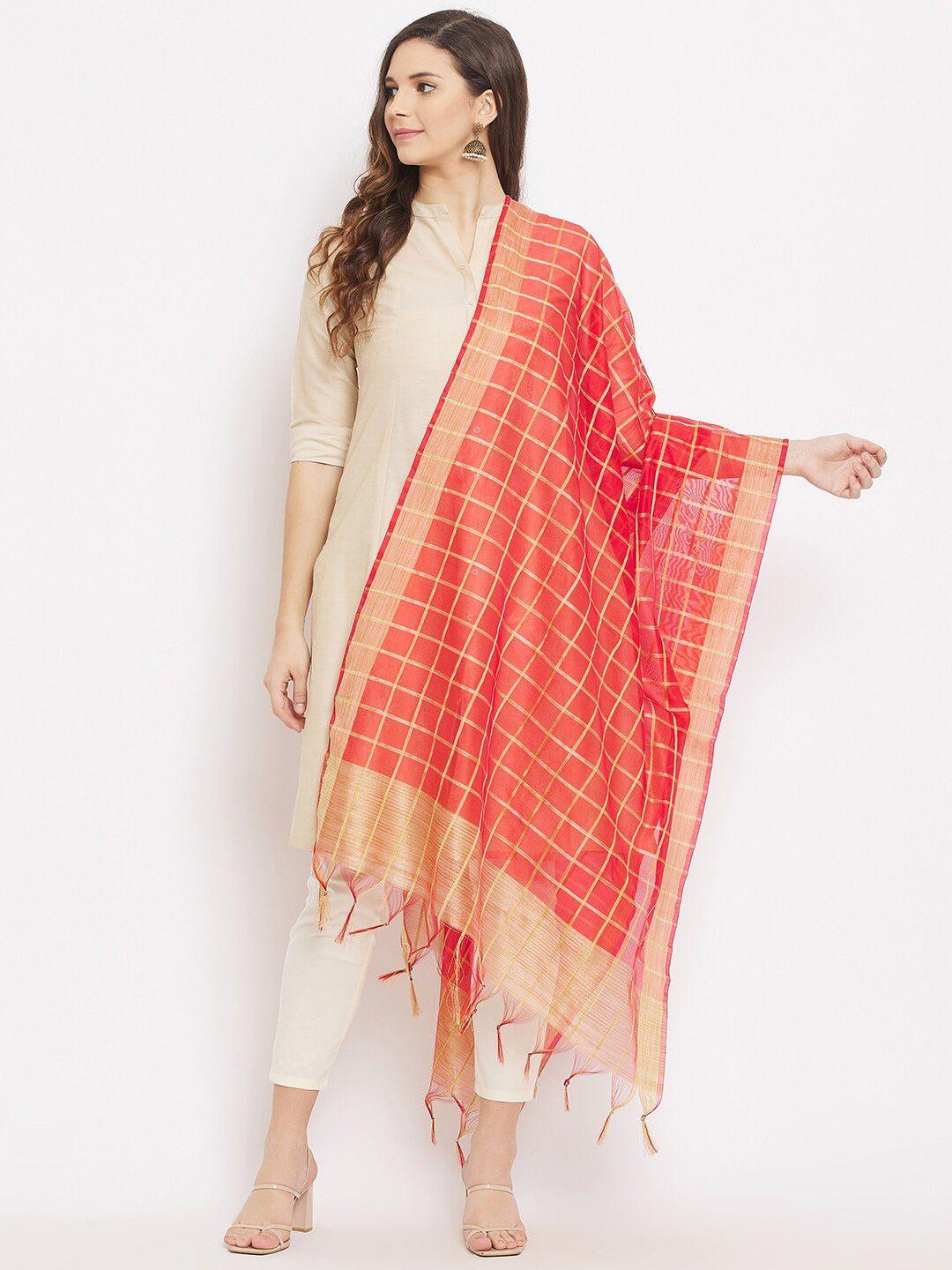 clora-creation-red-&-gold-toned-checked-dupatta-with-zari