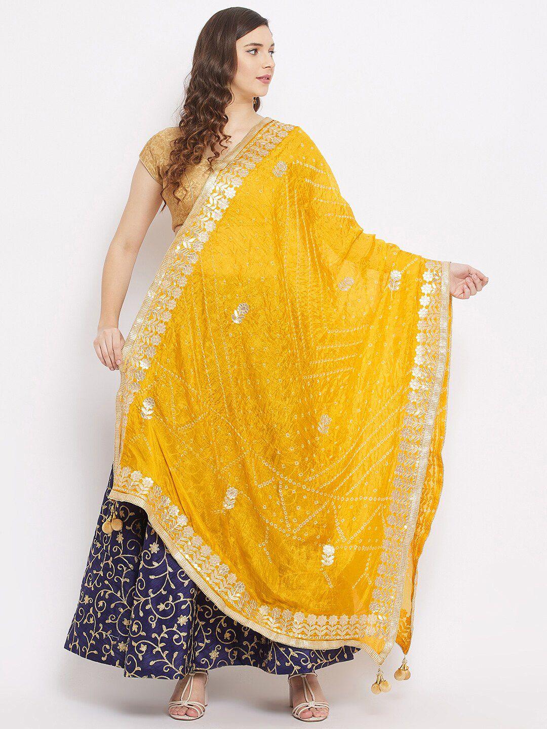 Clora Creation Yellow & Gold-Toned Dyed Tie and Dye Dupatta with Gotta Patti