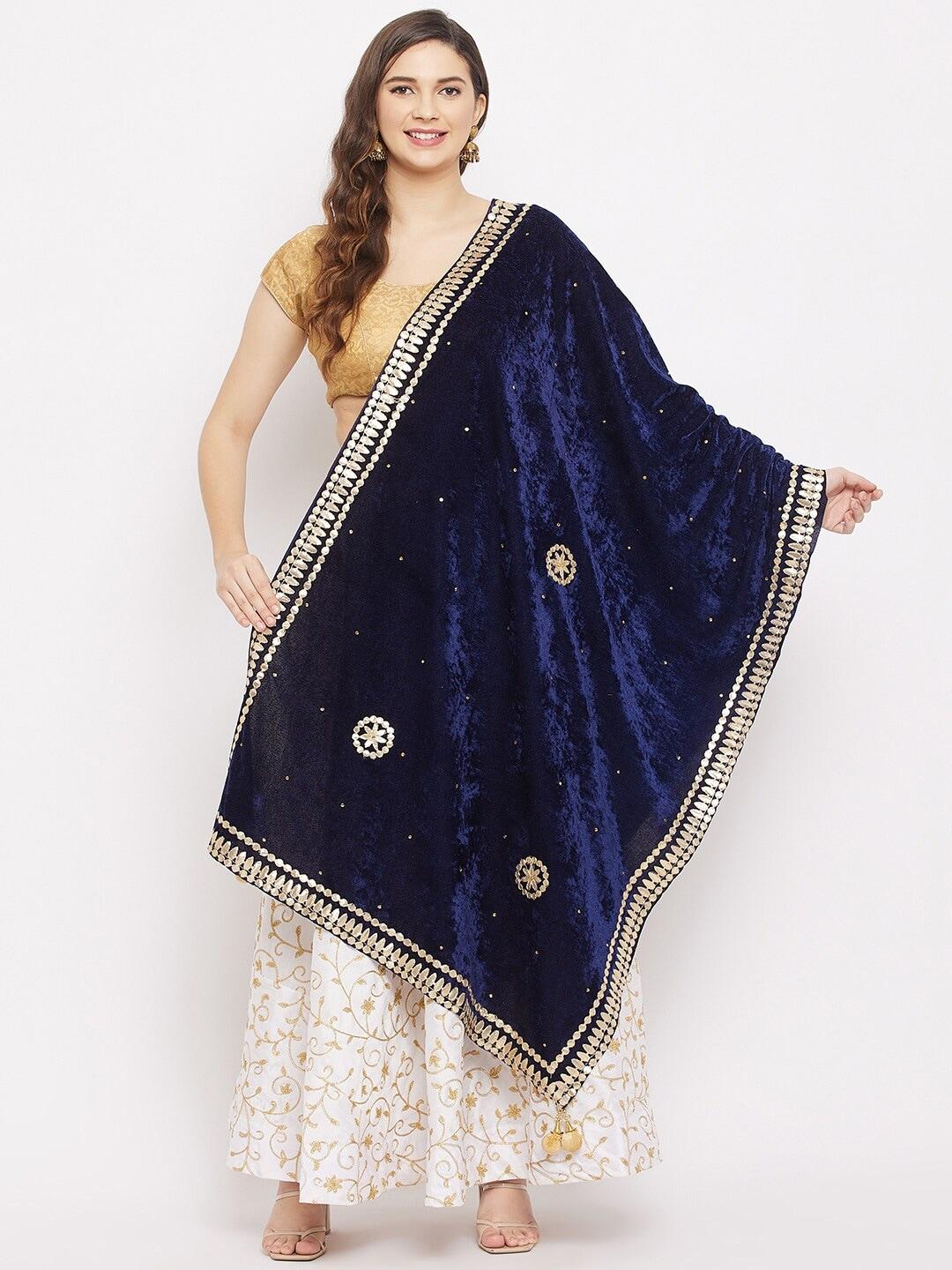 clora-creation-navy-blue-&-gold-toned-embroidered-velvet-dupatta-with-beads-and-stones