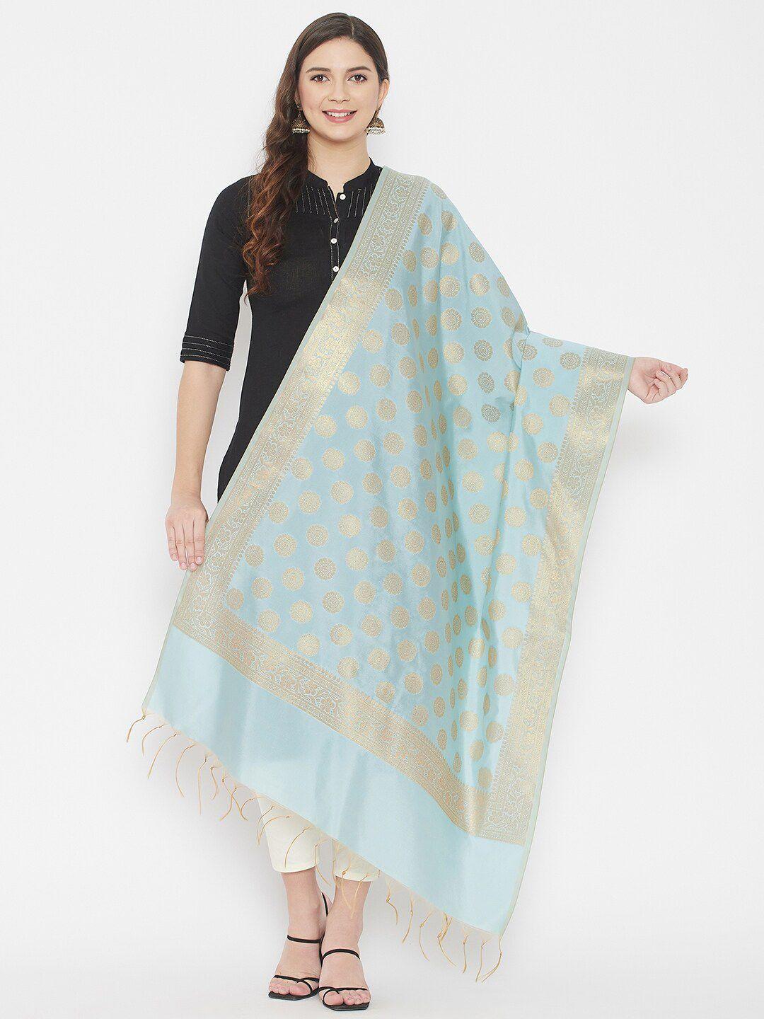 clora-creation-blue-&-gold-toned-woven-design-banarsi-silk-dupatta
