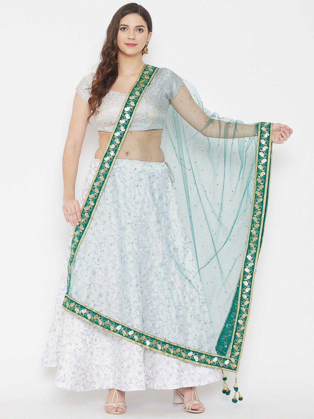 clora-creation-green-&-gold-toned-ethnic-motifs-embroidered-dupatta-with-sequinned