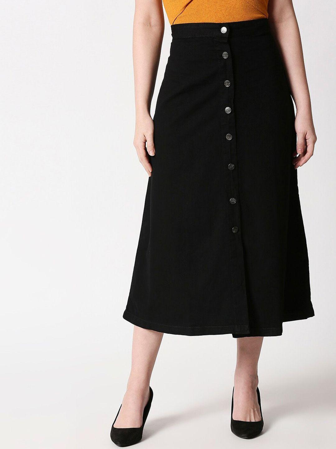 High Star Women Black Solid A-Line Midi Denim Skirt