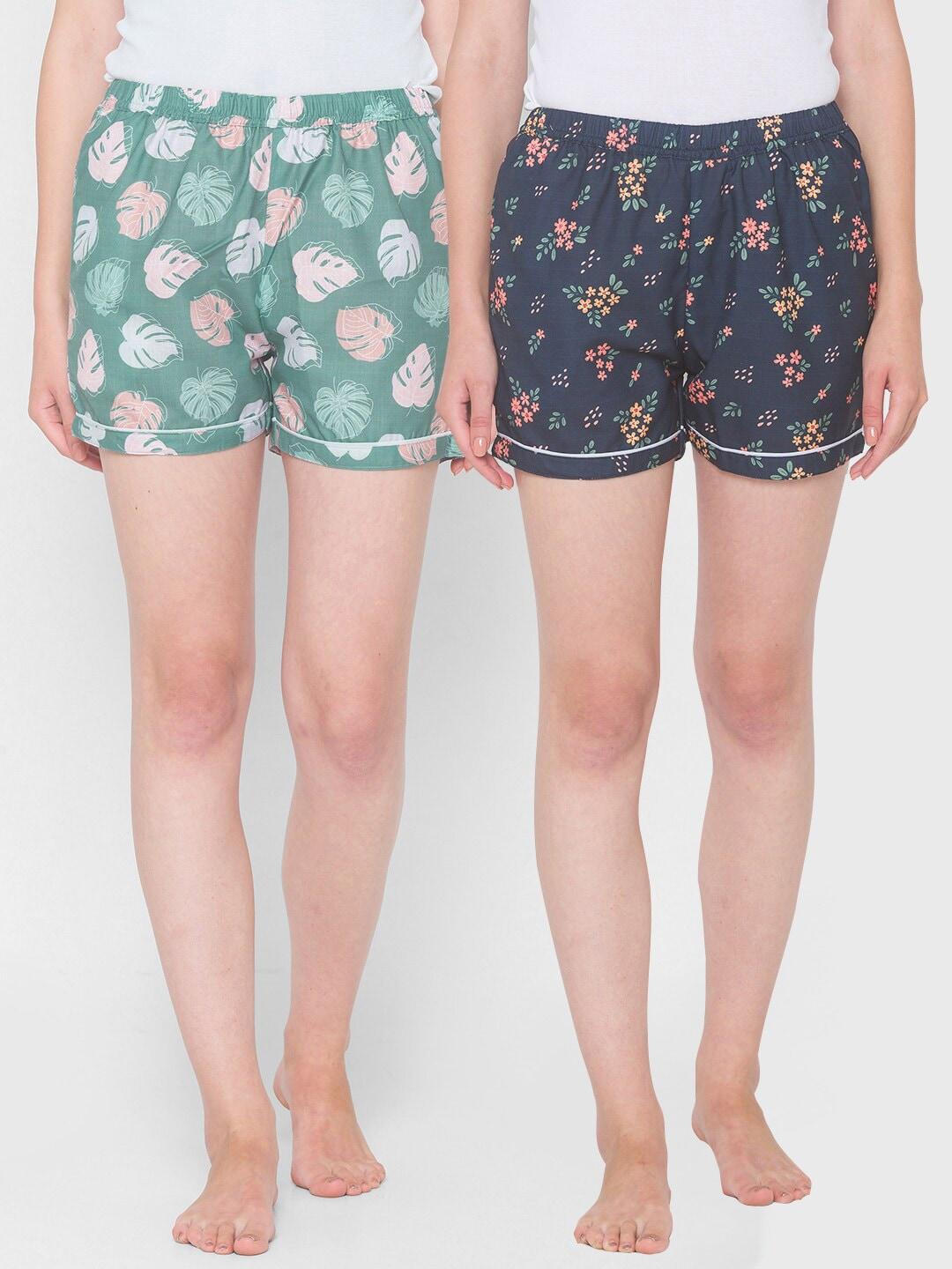 FashionRack Women Pack Of 2 Navy Blue & Green Printed Lounge Shorts