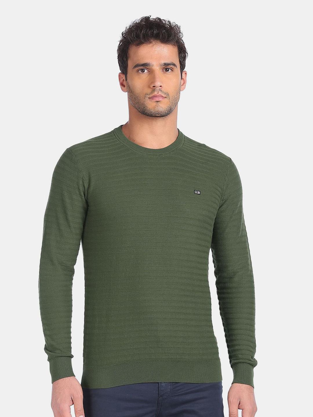 Arrow Sport Men Green Striped Pure Cotton Pullover