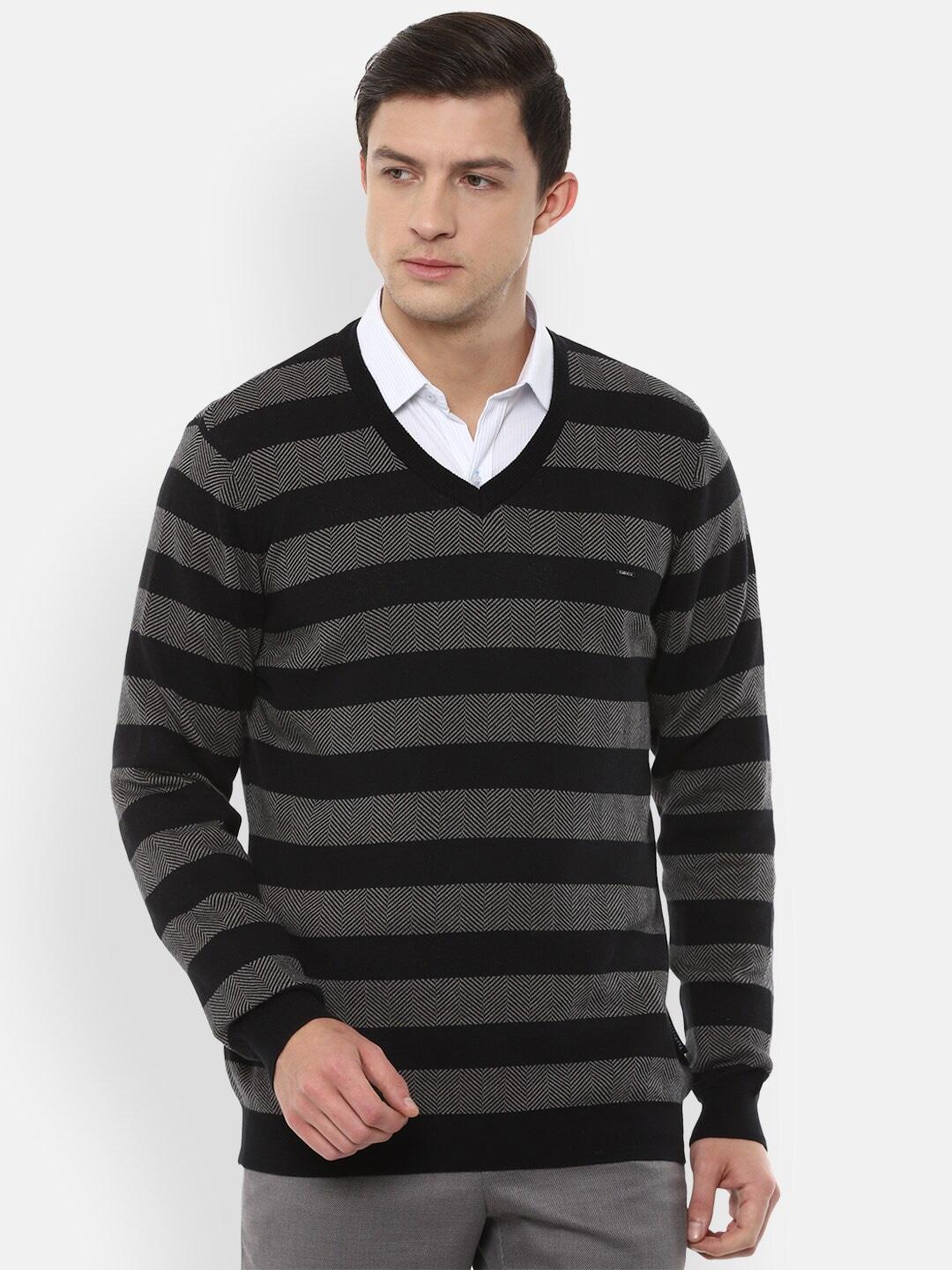 Van Heusen Men Black & Grey Pure Cotton Striped Pullover