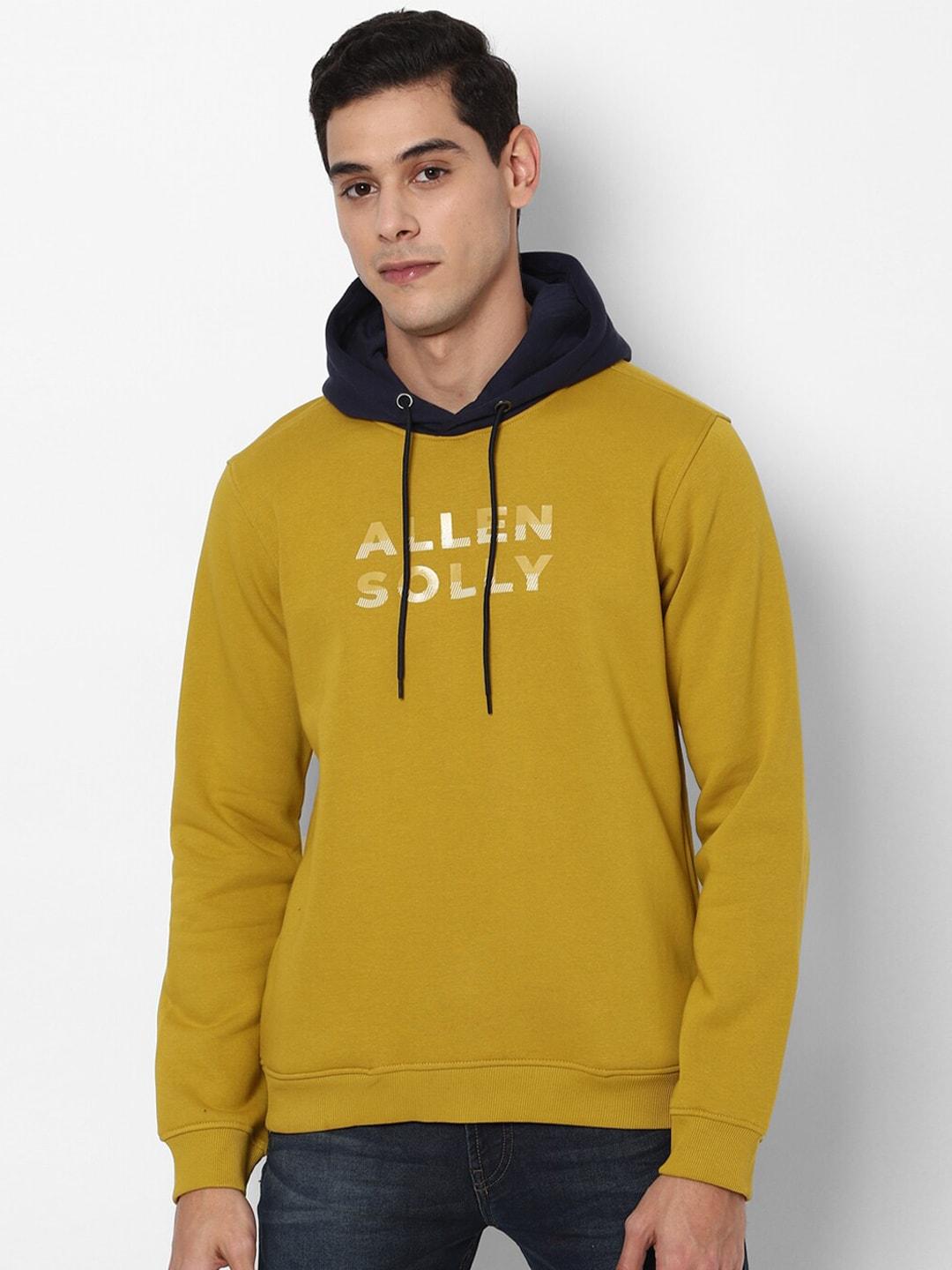 allen-solly-men-mustard-yellow-printed-pure-cotton-hooded-sweatshirt