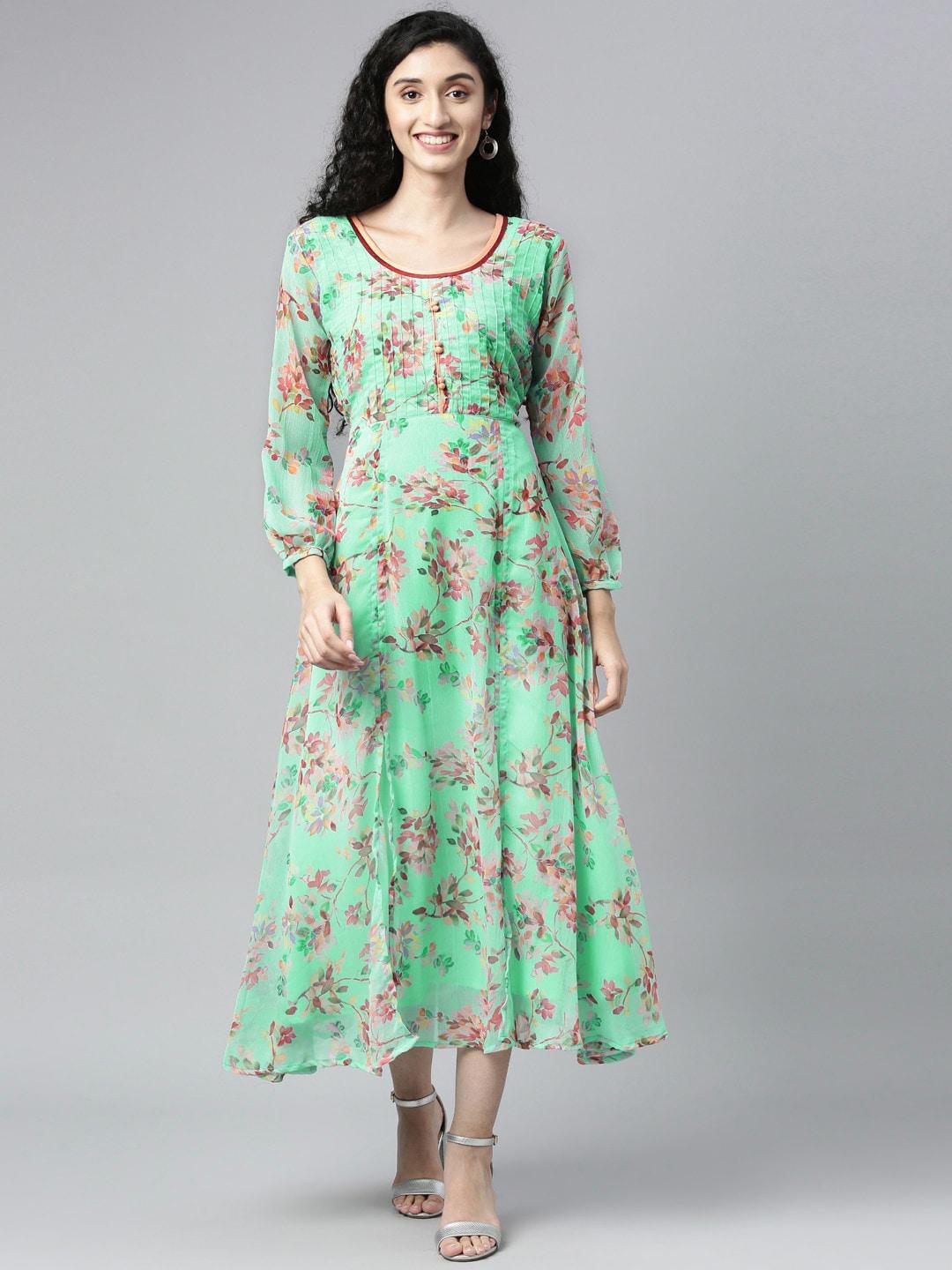 Souchii Women Sea Green Floral Chiffon Maxi Dress