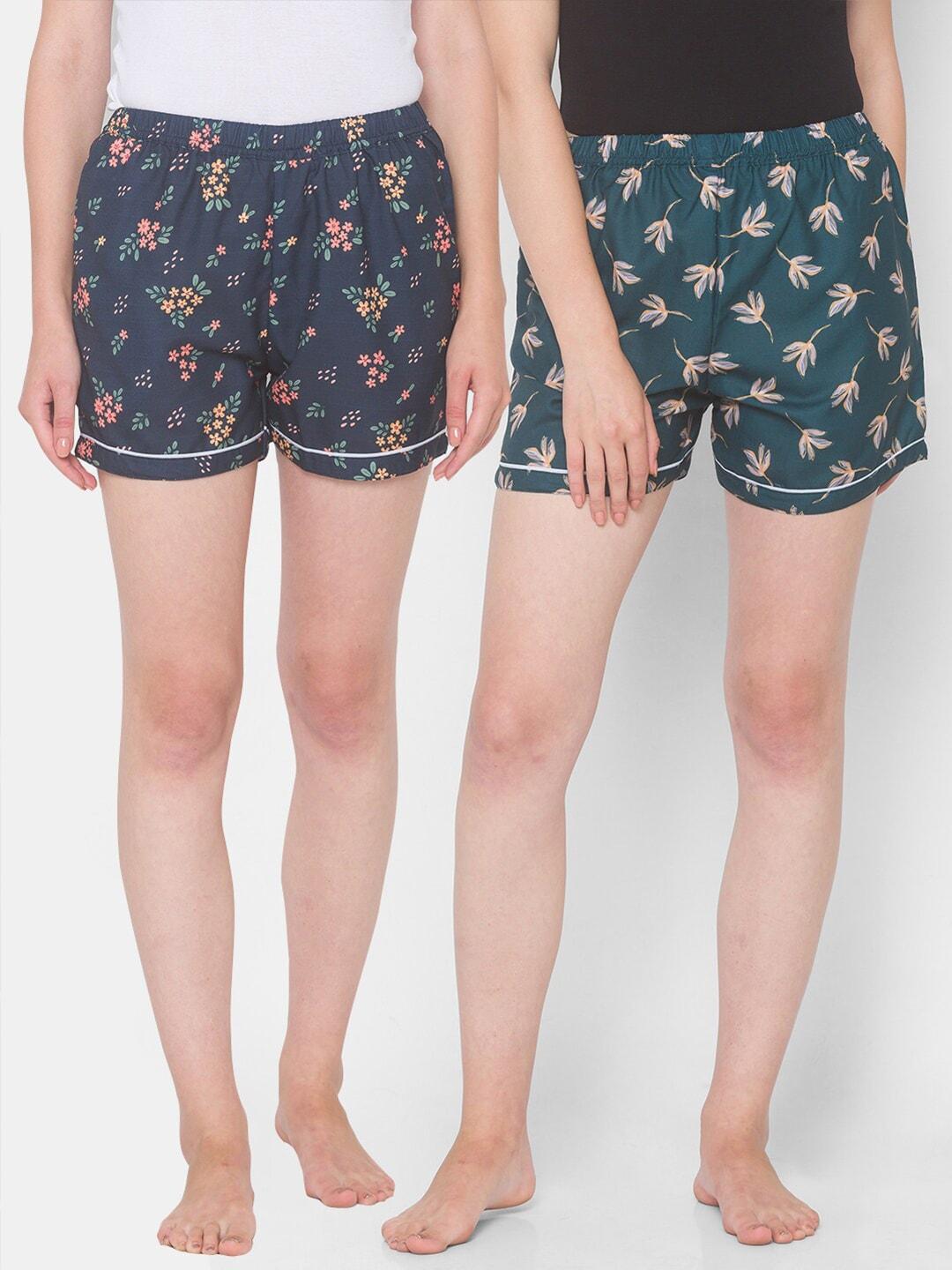 FashionRack Women Pack of 2 Navy Blue & Green Printed Cotton Lounge Shorts
