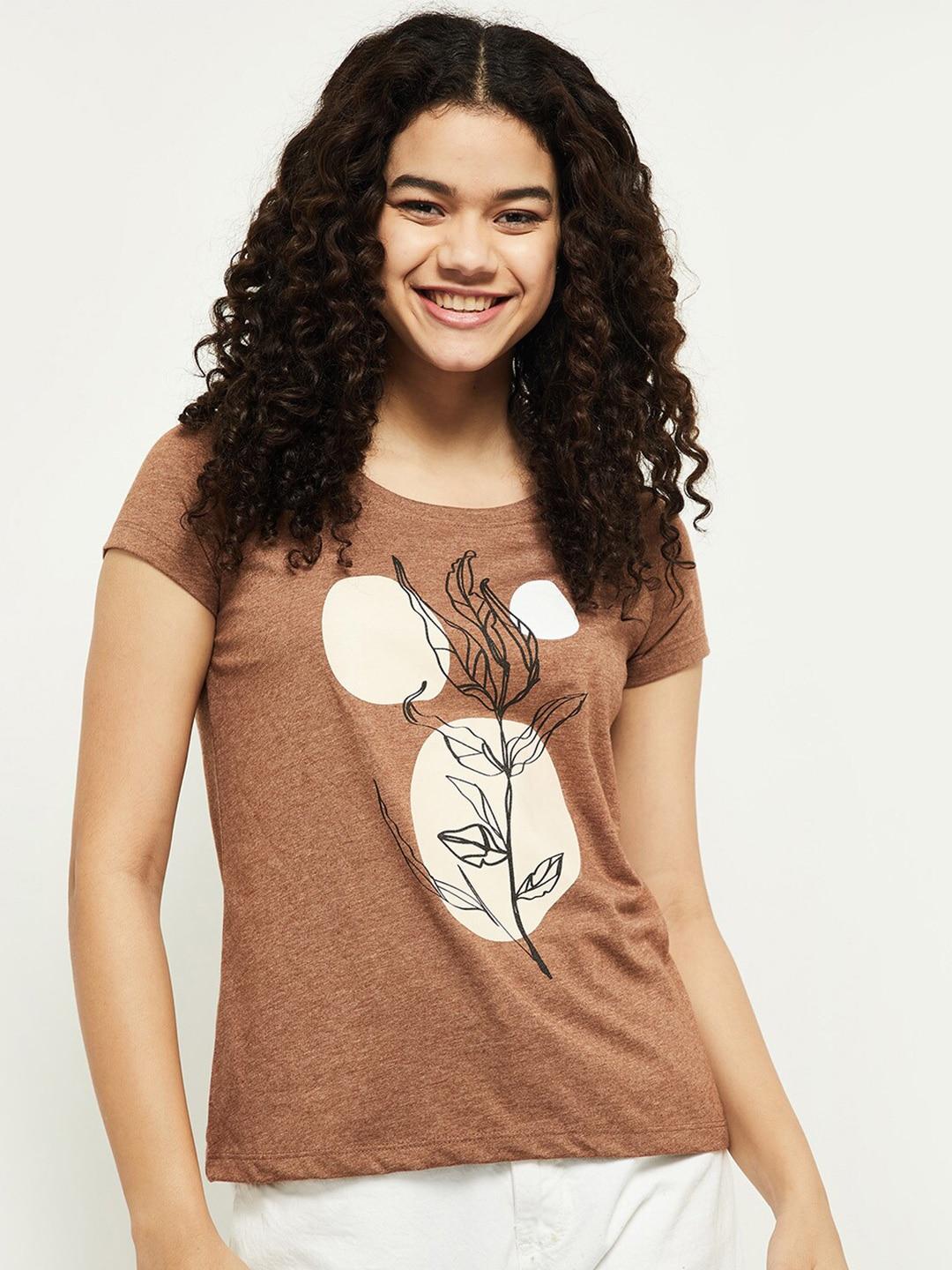 max-women-brown-printed-extended-sleeves-t-shirt
