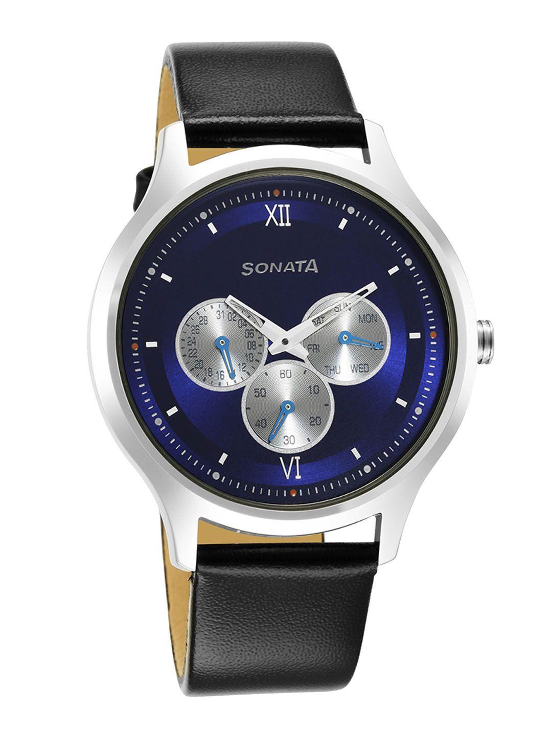 Sonata Men Blue Brass Printed Dial & Black Leather Bracelet Style Straps Analogue Watch 7140SL03