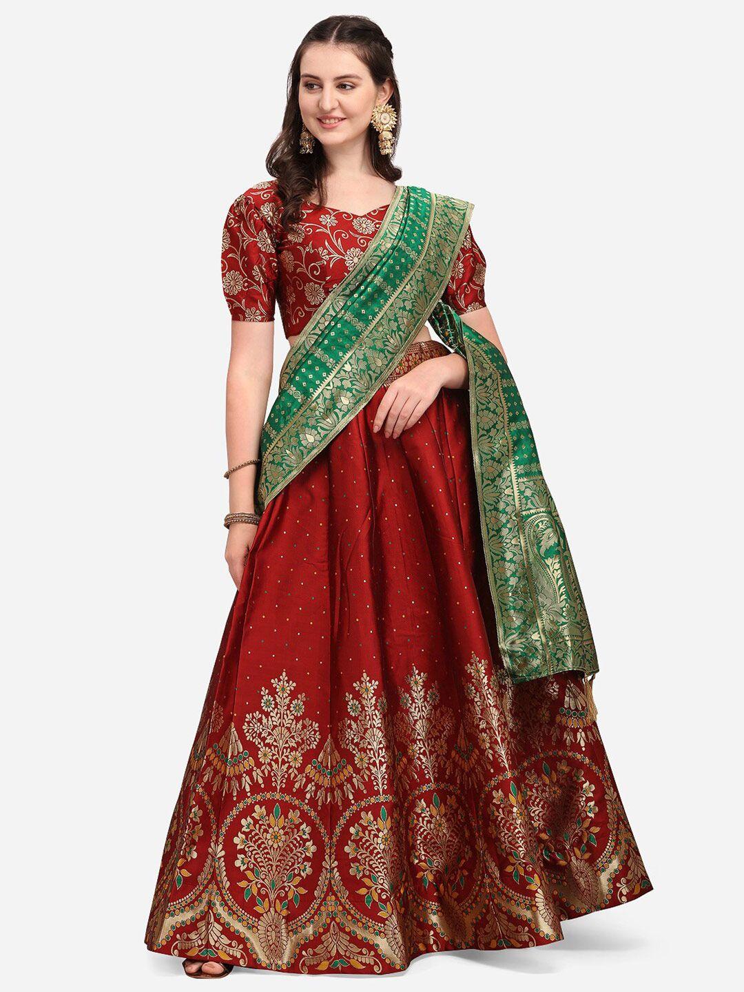 PURVAJA Maroon & Green Ready to Wear Lehenga & Unstitched Blouse With Dupatta