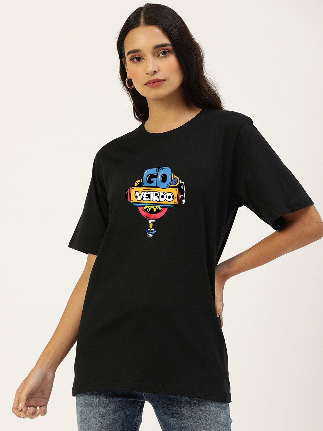 veirdo-women-black-typography-v-neck-applique-loose-t-shirt