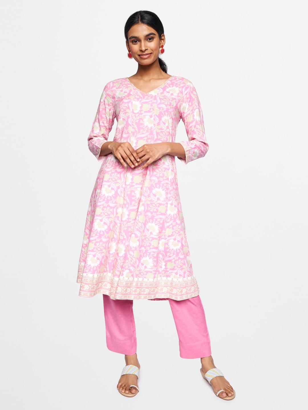 Global Desi Women Pink & White Floral Printed Kurta
