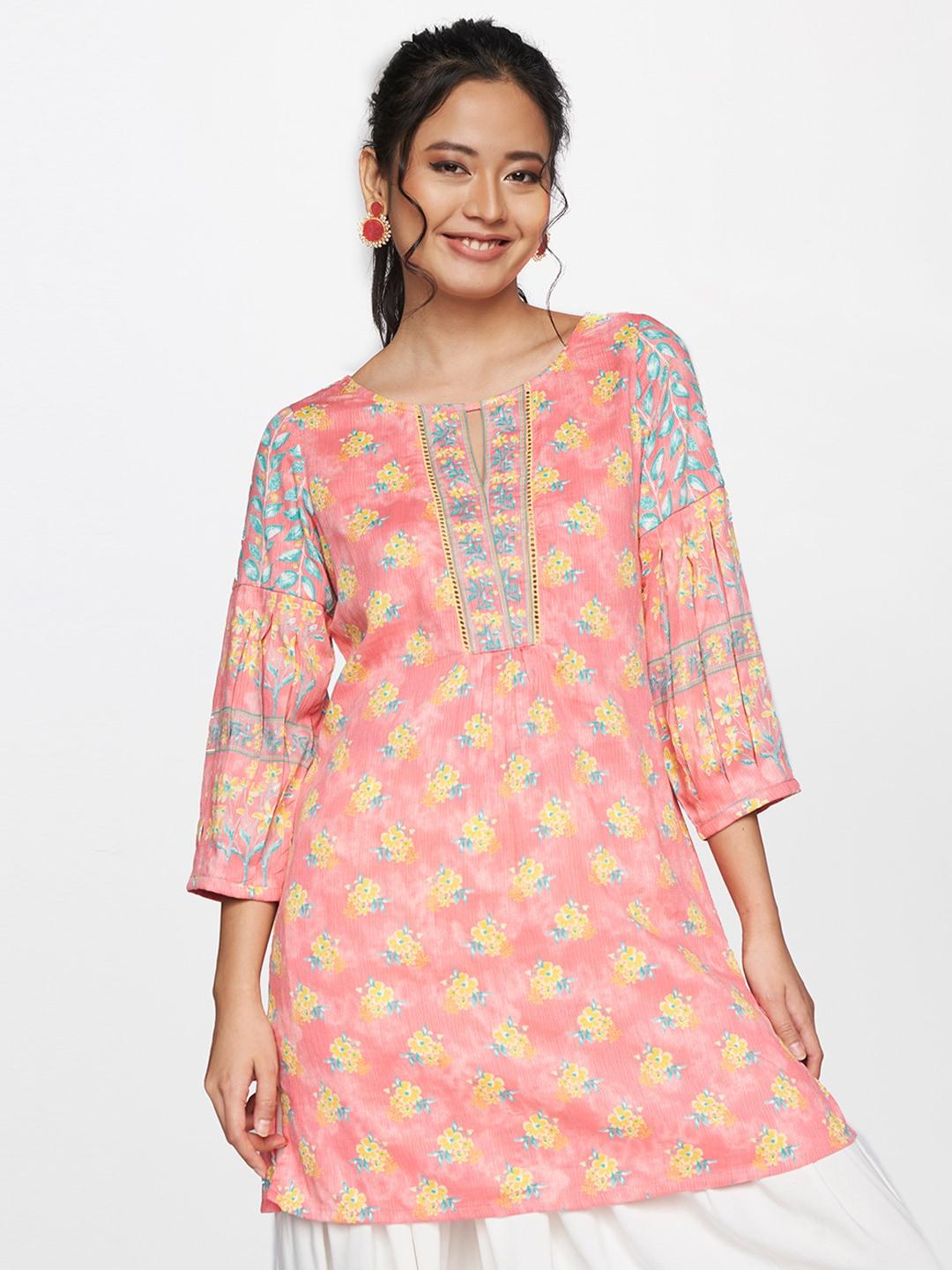 Global Desi Women Pink & Yellow Floral Printed Tunic