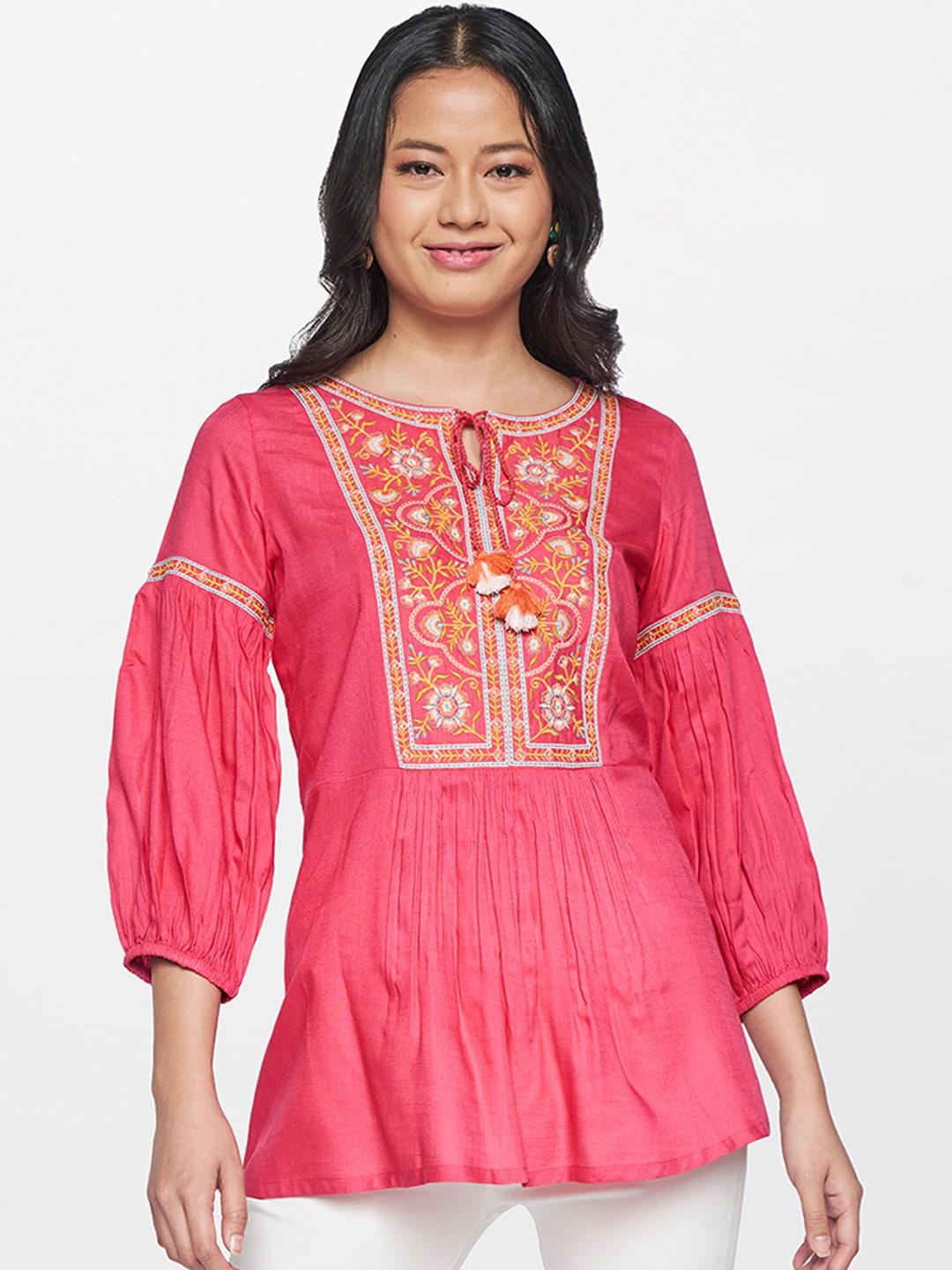 Global Desi Pink Floral Embroidered Top