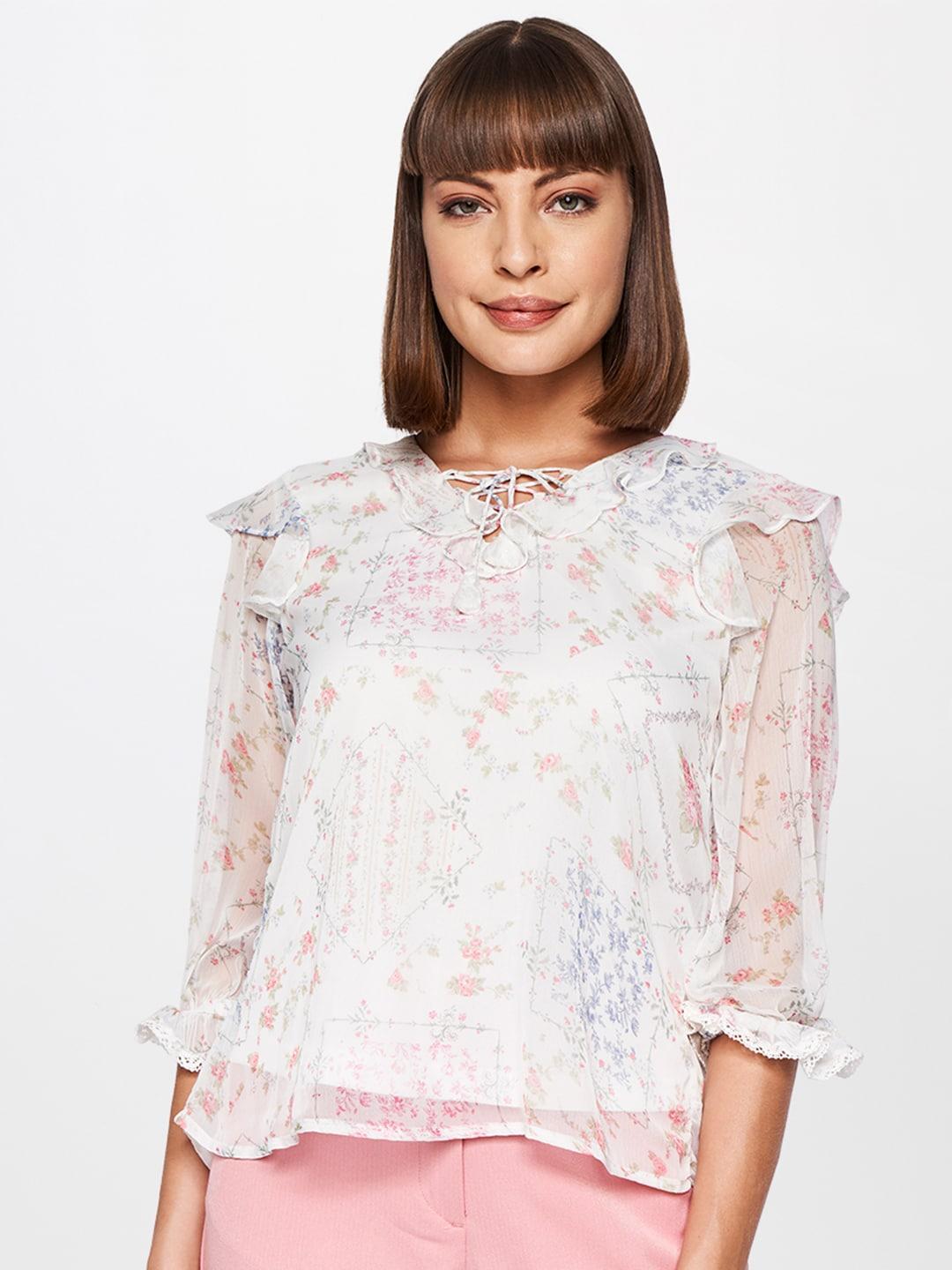 AND White & Red Floral Tie-Up Neck Regular Top