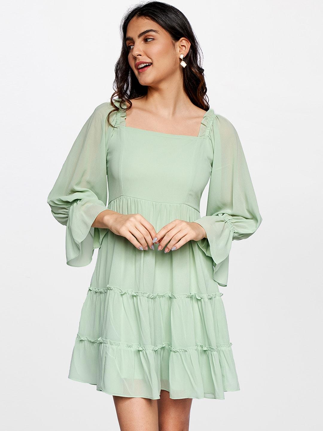 and-women-mint-green-solid-tiered-fit-&-flare-dress