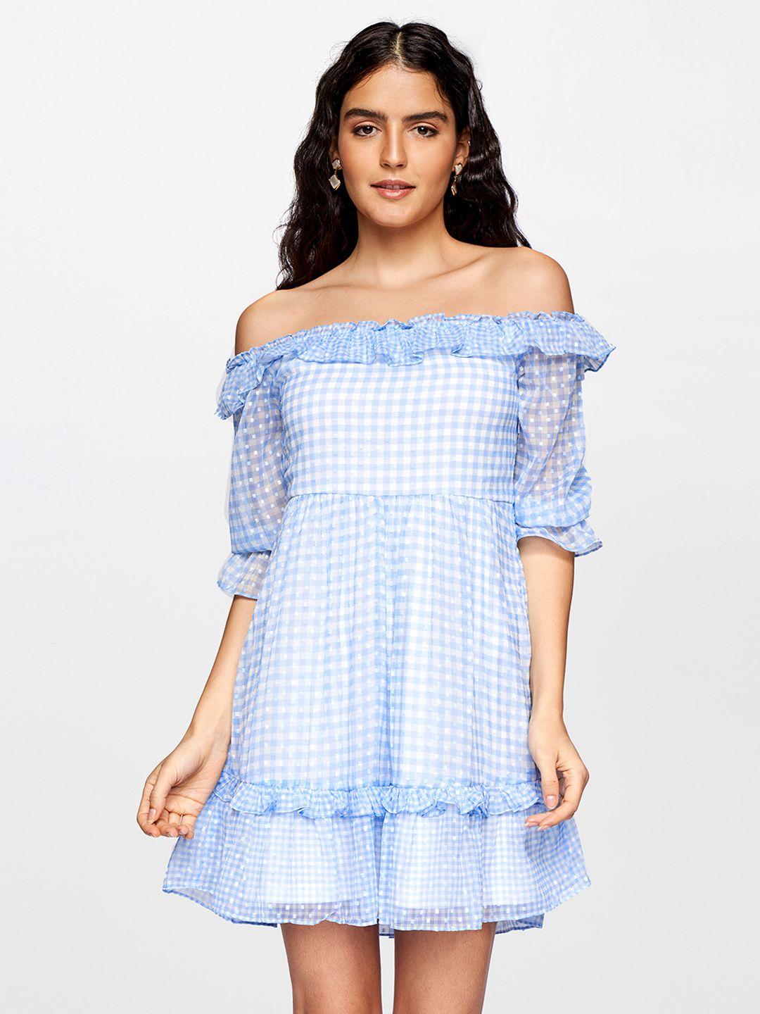 AND Women Blue & White Checked Off-Shoulder Tiered Dress