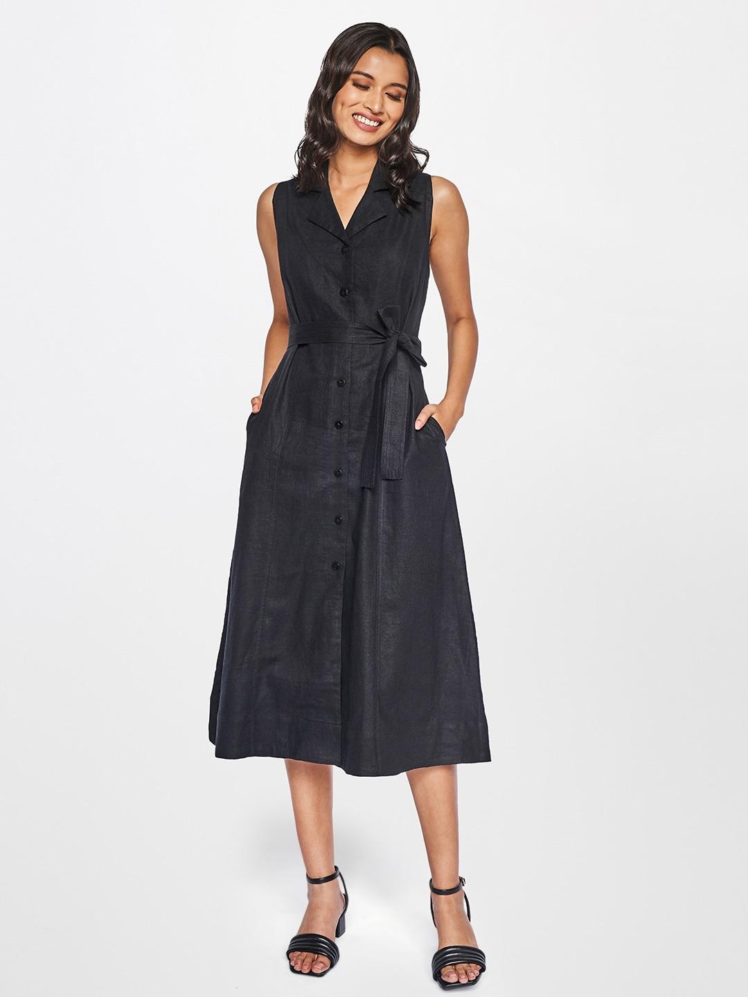 AND Black Linen Midi Fit and Flare Dress