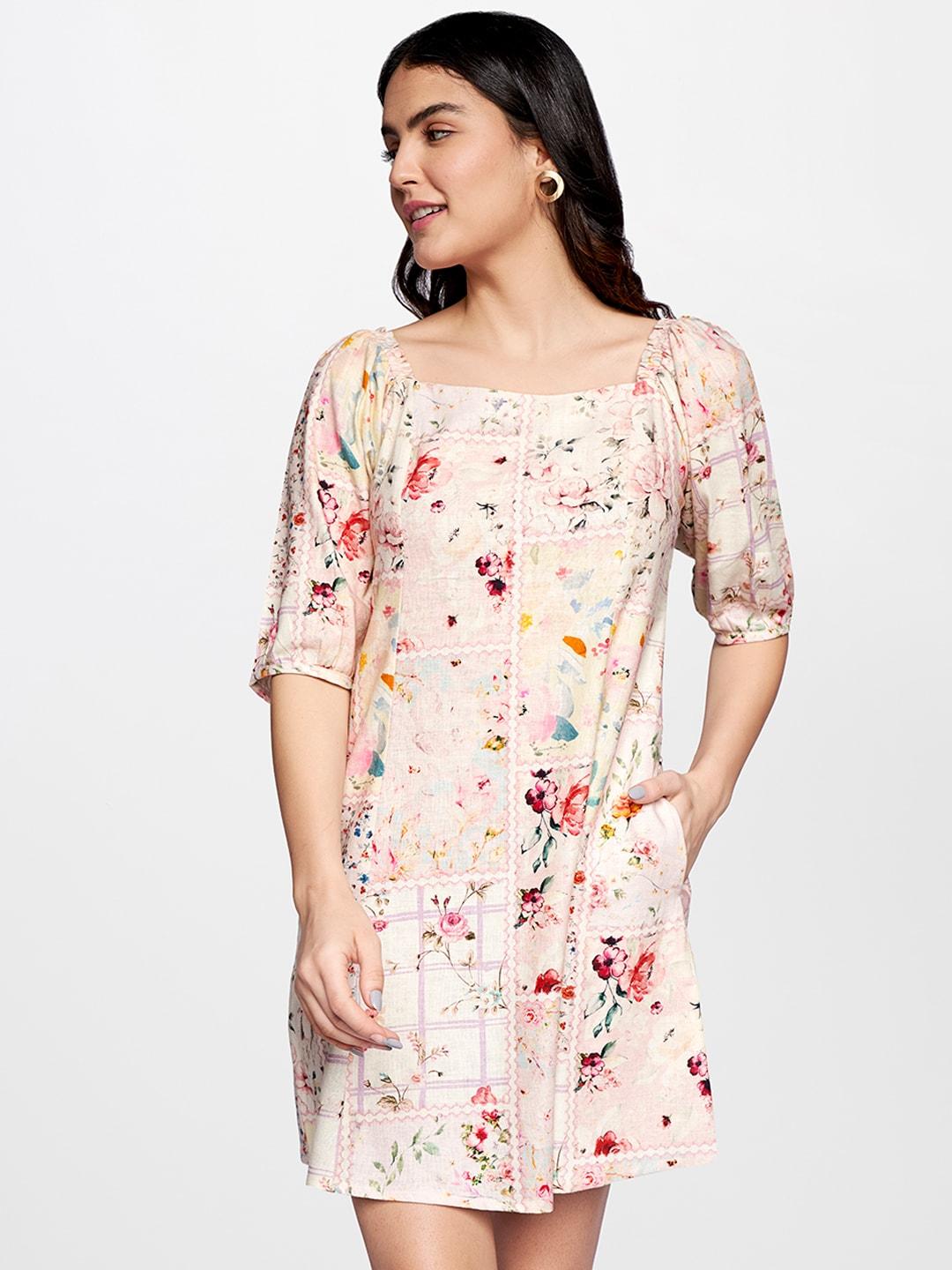AND Women Multicoloured Floral Linen A-Line Dress